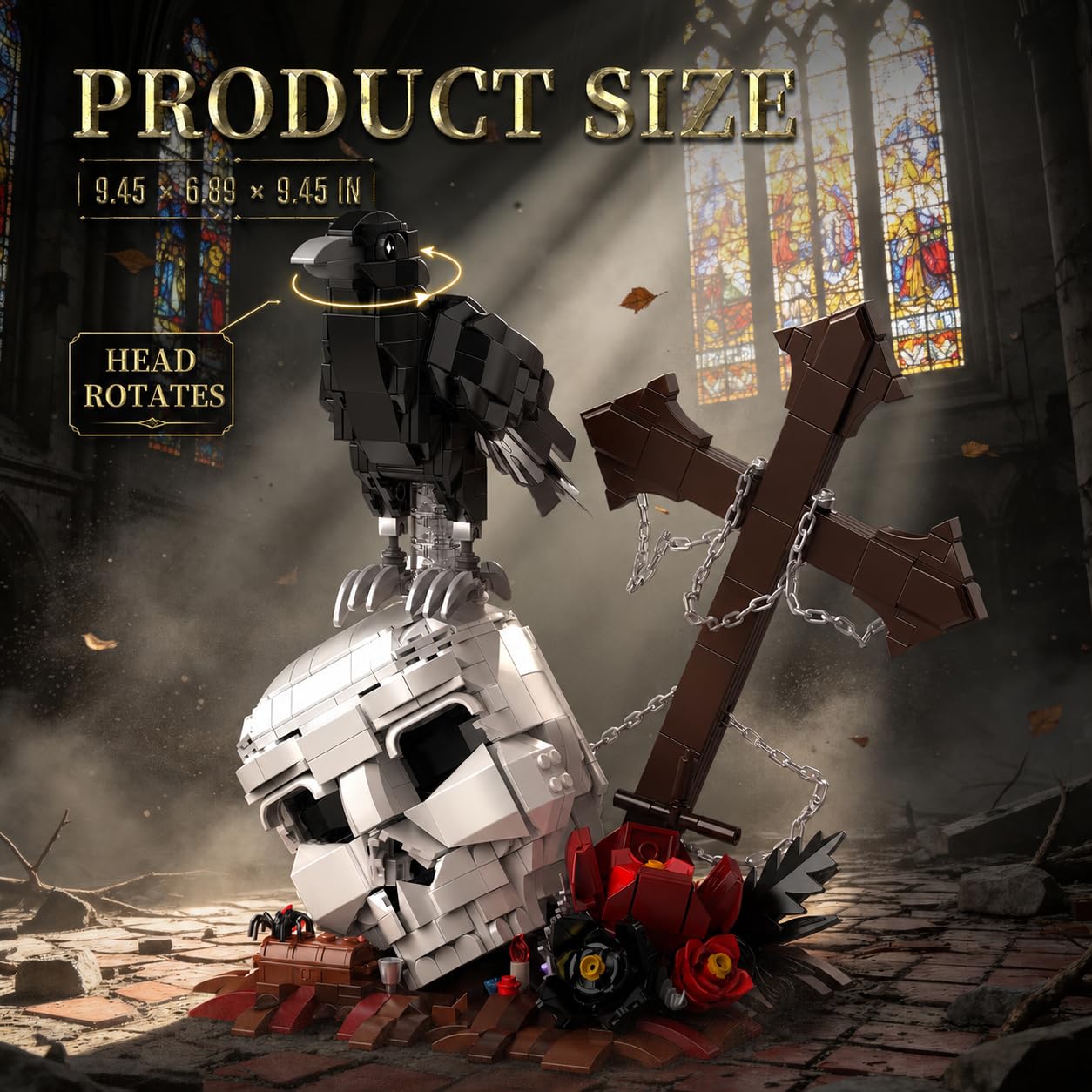Vziimo Skull & Tiere Bausteine, Gothic Blume und Tier Klemmbausteine, Halloween Deko Modell mit Spider und Vogel, MOC Creator Geschenk für Erwachsene ab 15+, 1237 Teile