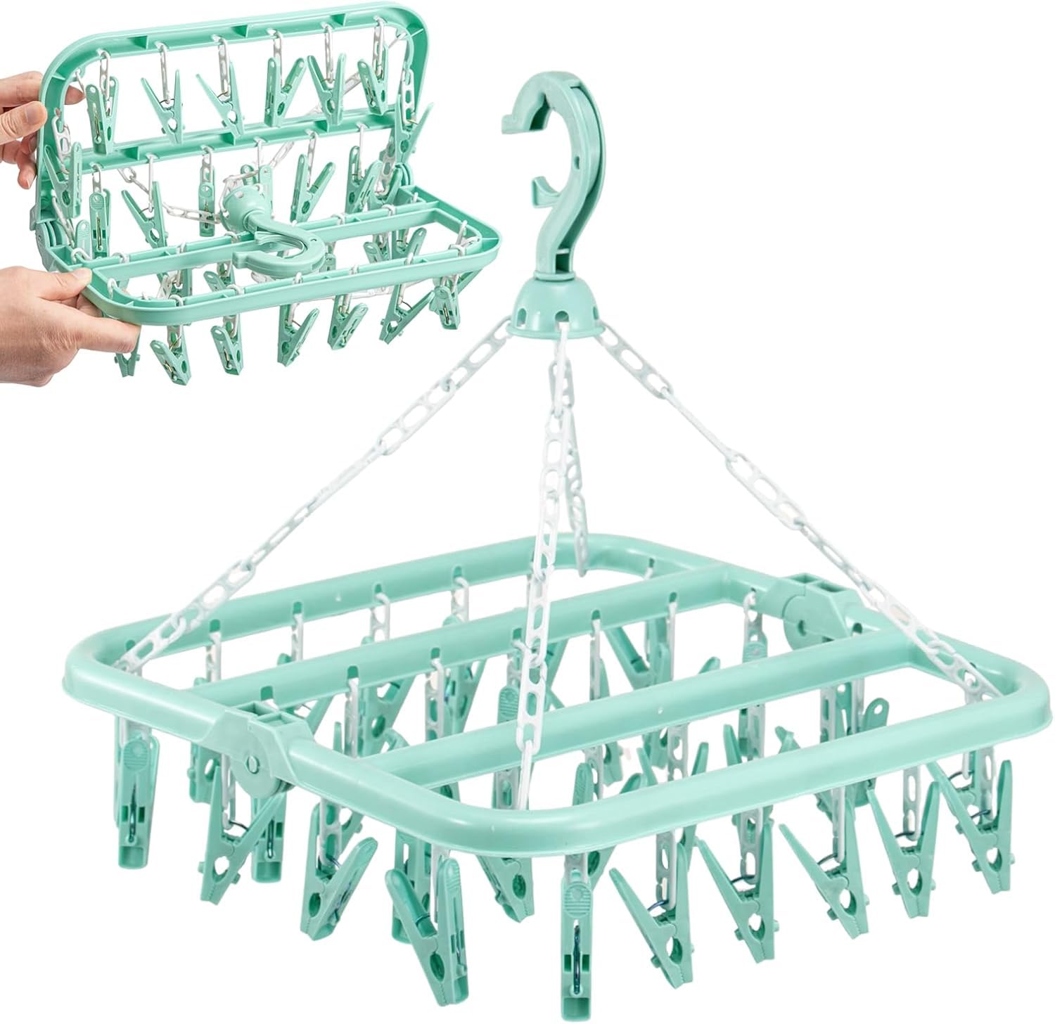 BREEZENEST Foldable Laundry Hanger with 32 Clips – Washing Line Sock Hanger & Laundry Accessories for Socks, Underwear, Towels, Bras – Space-Saving Rotating Clothes Drying Rack (Green)