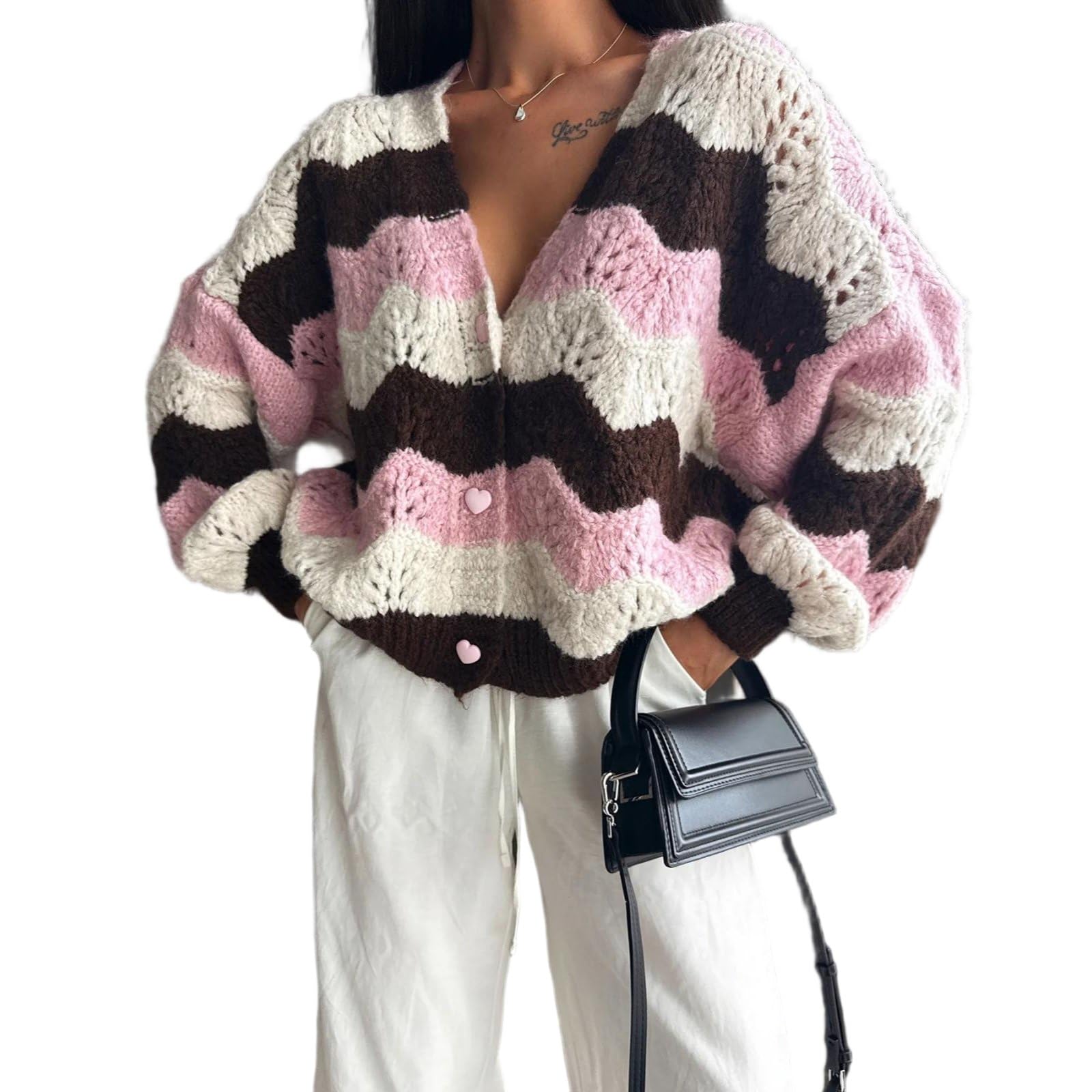 HJDMO - Cardigan da donna con scollo a V, a righe colorate