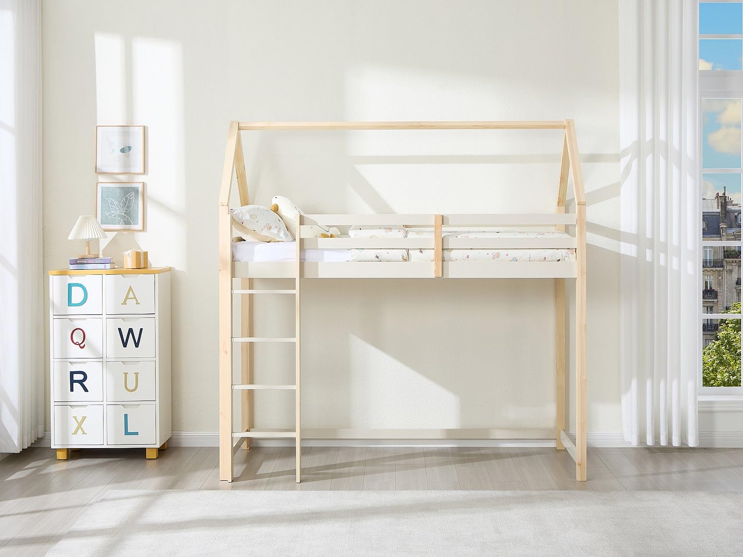 Vente-unique - Lit Mezzanine cabane 90 x 190 cm - Pin Massif – Beige et Naturel - TARZIA