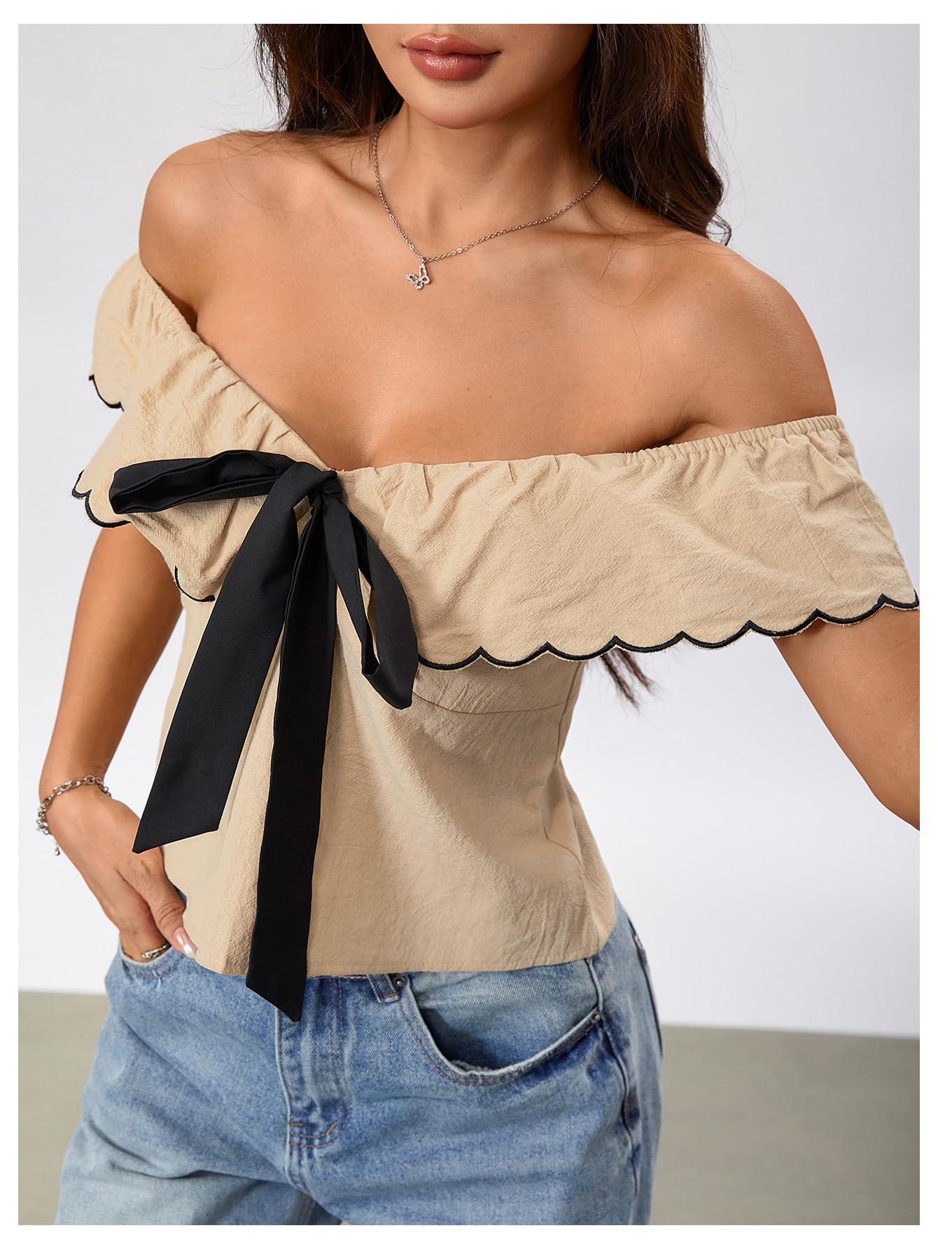 MakeMeChic Women's Bow Tie Front Sweetheart Blouse Ruffle Cap Sleeve Dressy Crop Tops
