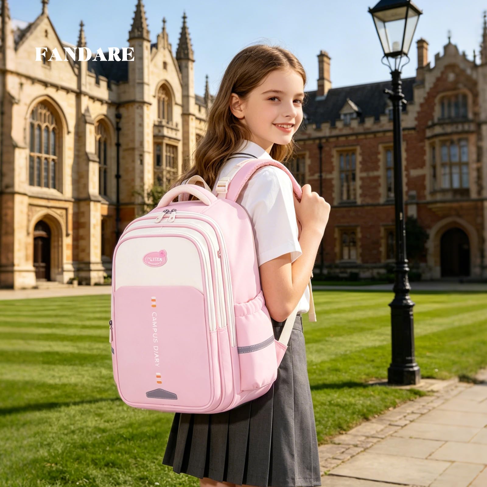 FANDARE Ergonomischer Schulrucksack Mädchen Junge – Wasserdichter Schulranzen mit Vielen Fächern Leichte Schultasche Reflektierender Rucksack mit Brustgurt für die Grundschule Rosa