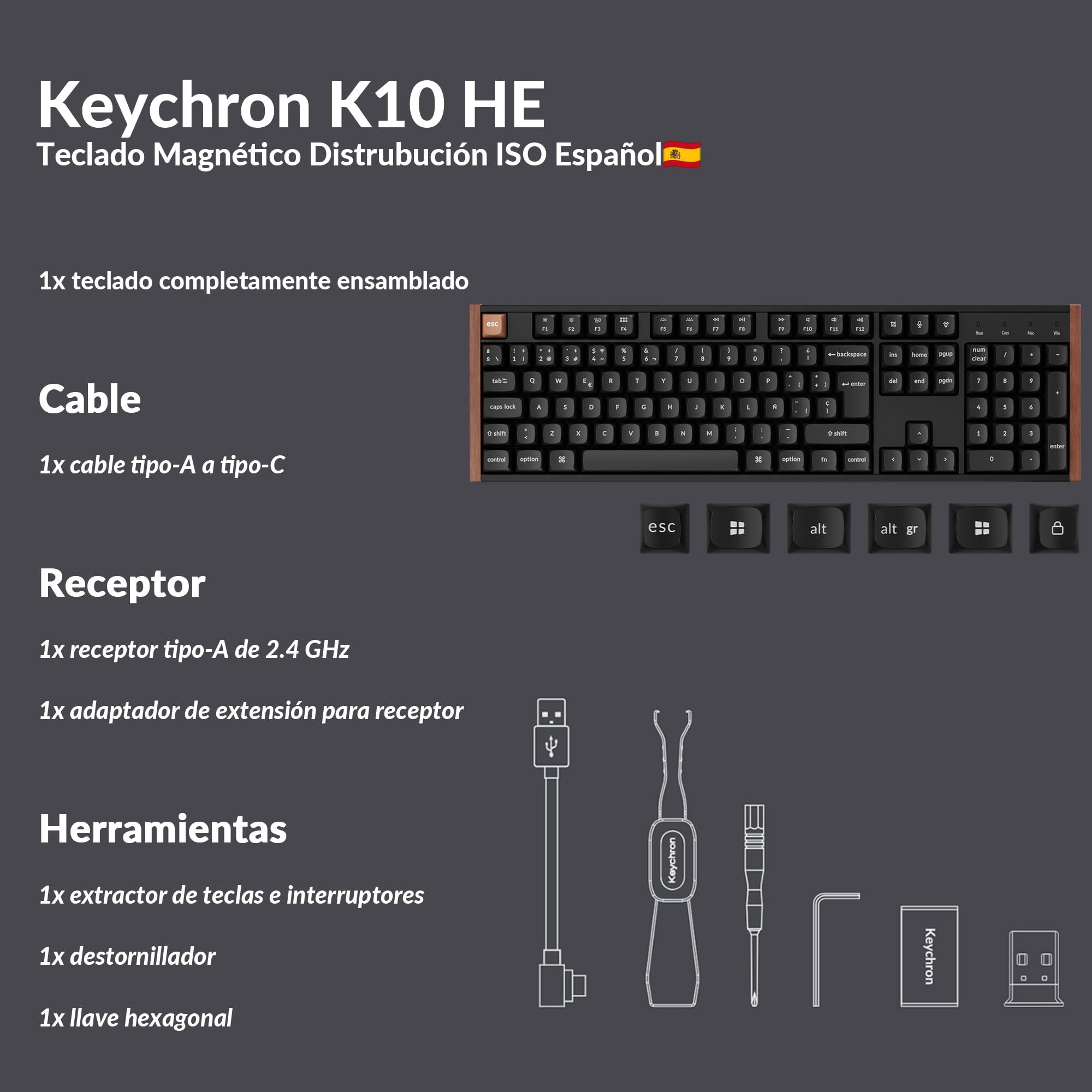 Keychron K10 HE Teclado Gaming Inalámbrico, ISO-ES 100%, Interruptores Magnéticos de Efecto Hall, 2,4 GHz/Bluetooth 5.2, Teclado Programable Compatible con Mac y Windows, Edición Especial – Negro