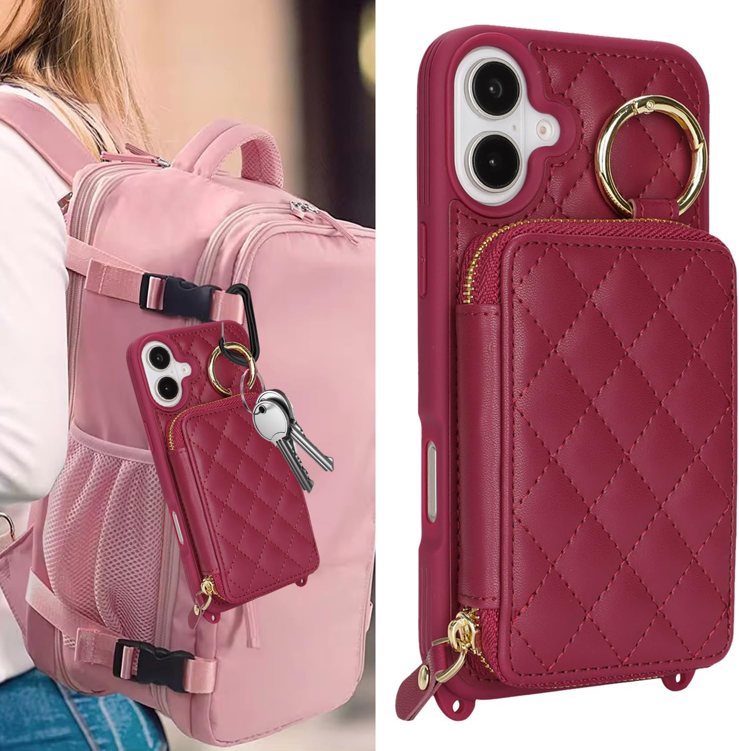 Crossbody Wallet Case for iPhone 16, PU Leather Zipper Handbag Purse Flip Cover, Kickstand Folio Case with Card Slots Holder Wrist Strap Lanyard 5G 6.1 Inch-Dark red