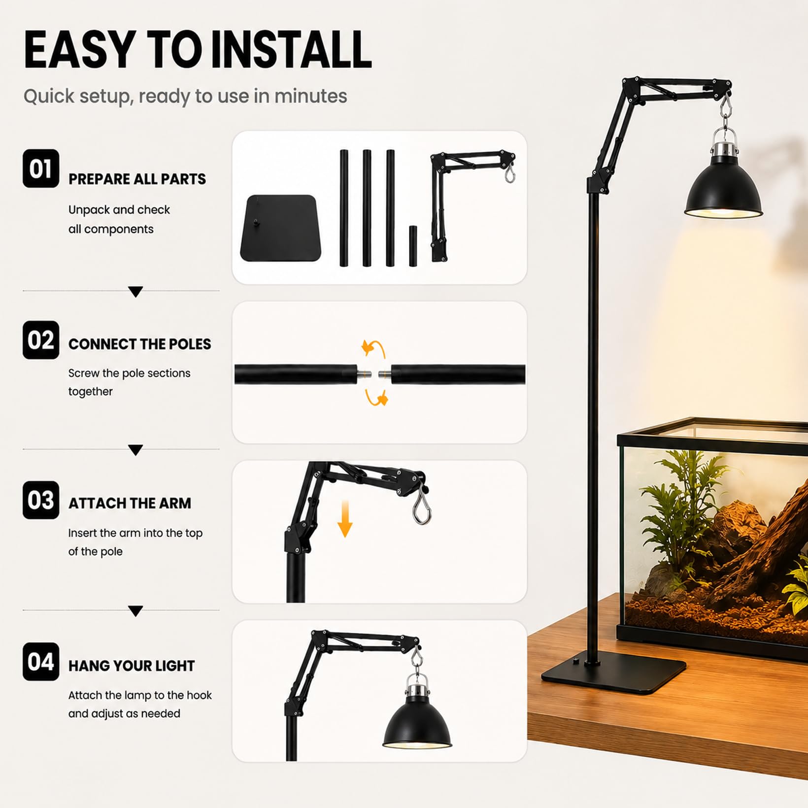 Soporte para lámpara de reptiles, 40 – 180 cm, ajustable, para reptiles | Lámpara de calor con rotación de 360°, tortugas con base, iluminación para terrarios y viveros