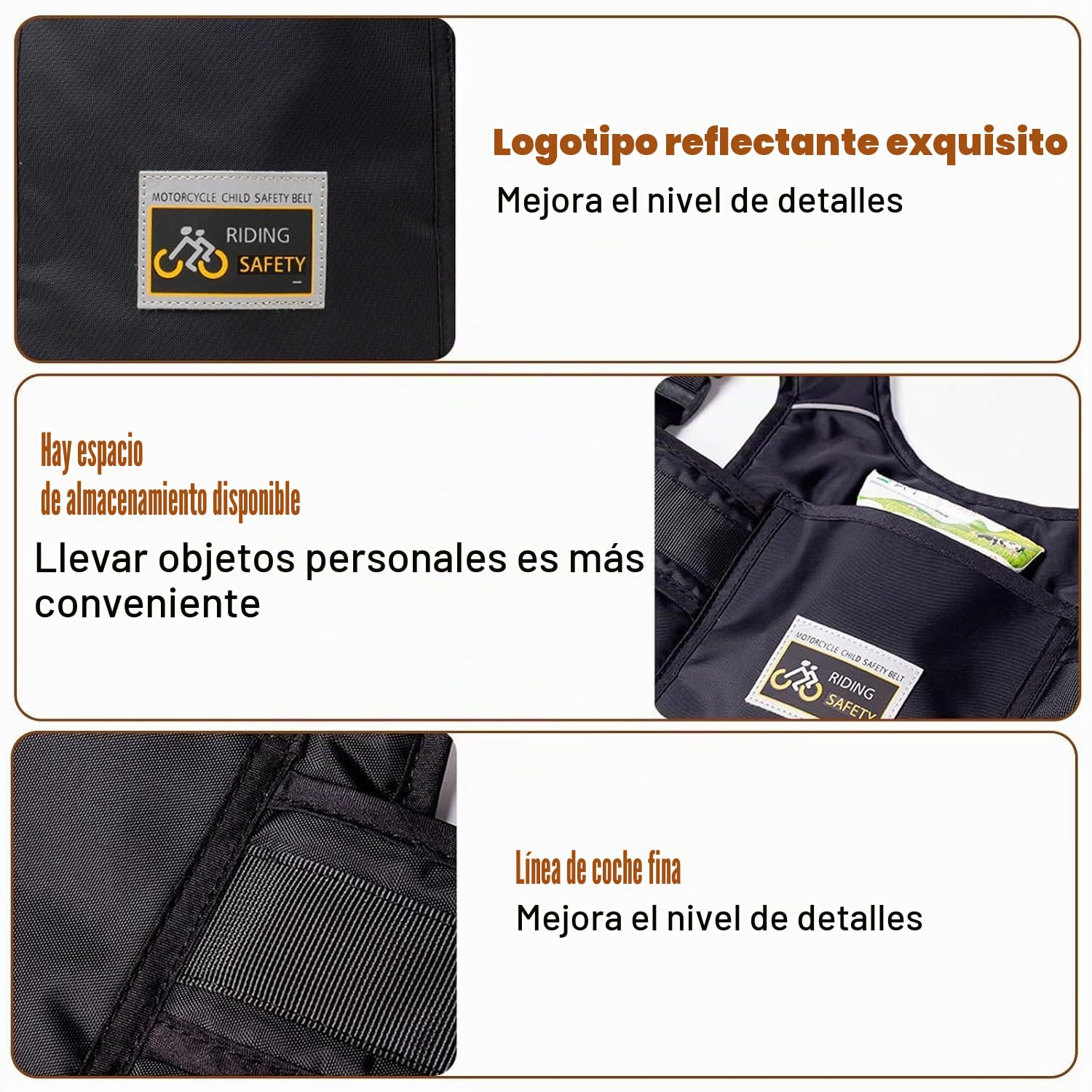 Cinturón de Moto con Bolsillo para Niños, Ajustable con Rayas Reflectantes Negro, Protección Anti-caída 1-12 Años