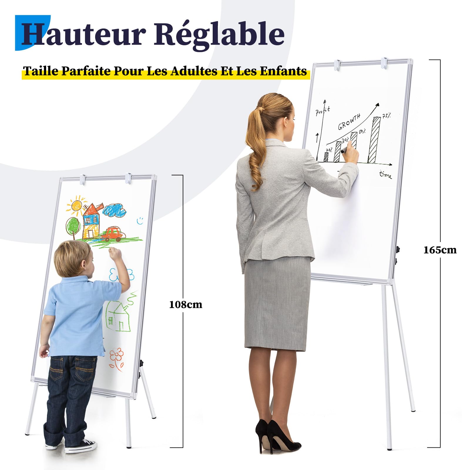 maxtek Tableau Blanc Effacable sur Pied, 90x60 cm Tableau Magnétique de Chevalet, Hauteur Réglable avec Support, Whiteboard Cadre en Aluminium, Mobile Paperboard Pliable de Tableau de ConféRence