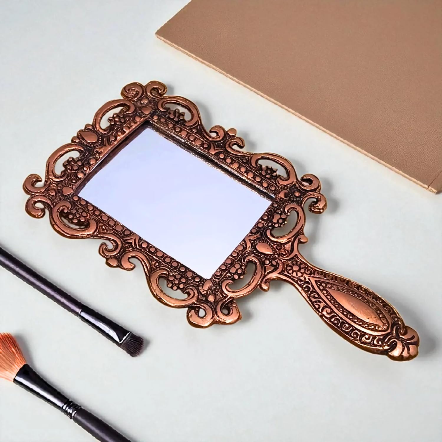 Decodaz Beautiful Square Shape Metal Hand Mirror for Makeup with Copper Plating Makeup Mirror for Travel Small Mirror for Makeup, Shaving Decorative Antique Item-image-1