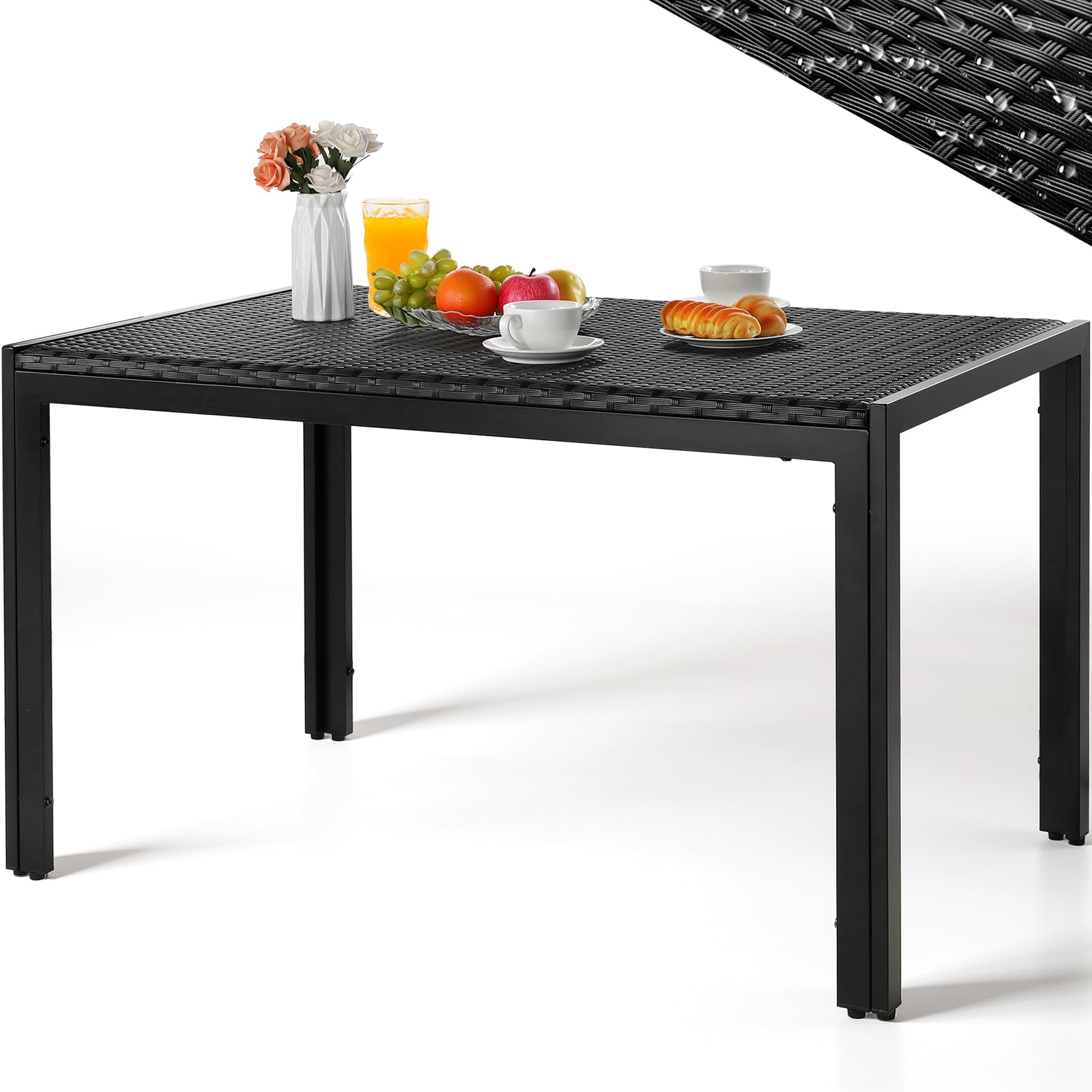 LIFERUN Table de Jardin 6 Personnes Rectangulaire en PE Rattan, 119 x 74 cm | Table en Métal pour Salle et Balcon, Résistante aux Intempéries, Plateau Spacieux, pour Terrasse, Extérieur/Intérieur (Noir)