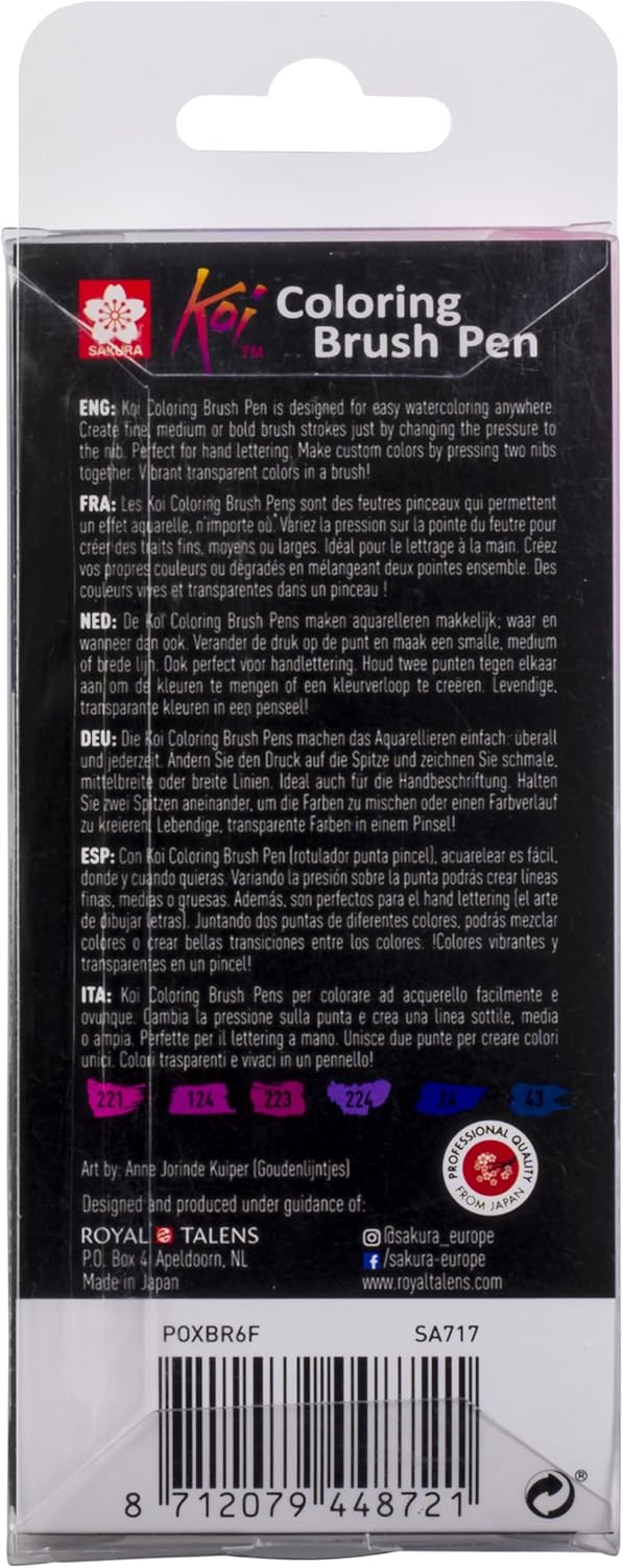 SAKURA Koi Colouring Brush Pen Set - Galaxy 6 Colours - Flexible Water-Based Ink for Layered Gradients and Watercolor Effects