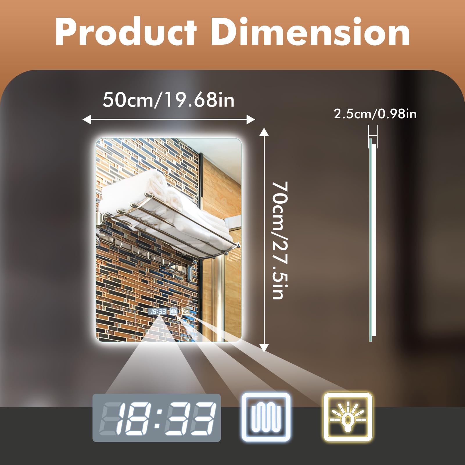 Specchio Bagno con Luce, 50×70cm Specchi da Parete con Antifog, IP44 LED Specchio Retroilluminato-Bagno | 3000K/4500K/6500K Specchiera Trucco con Luci, Dimmerabile,Vetro Temperato HD, Memoria