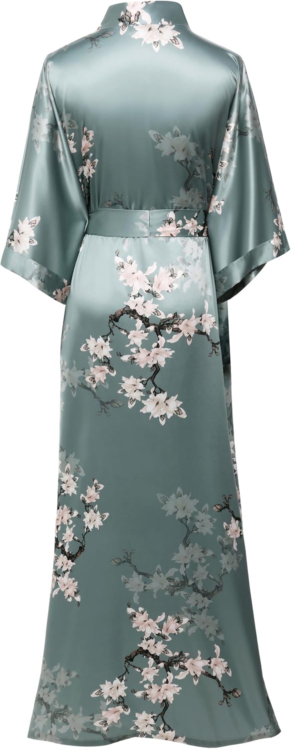 BABEYOND Floral Kimono Robe - Satin Silk Wedding 1920s Women Nightgown Sleepwear - 53 Inches Long - Image 2
