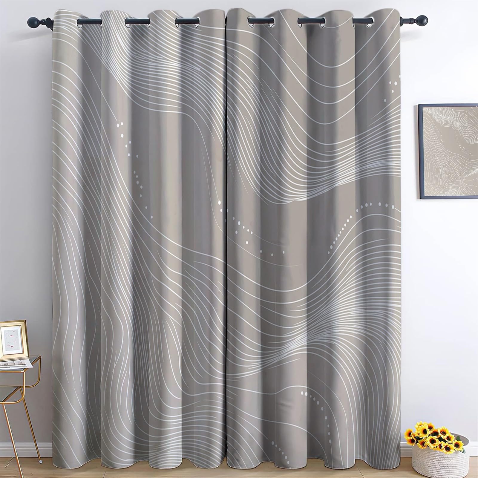 Blackout Curtains Minimalism Lines Strips 36” W x 84” L 3D Printed Eyelet Thermal Insulated Curtains for Kids Teens Boys Girl Bedroom Playroom