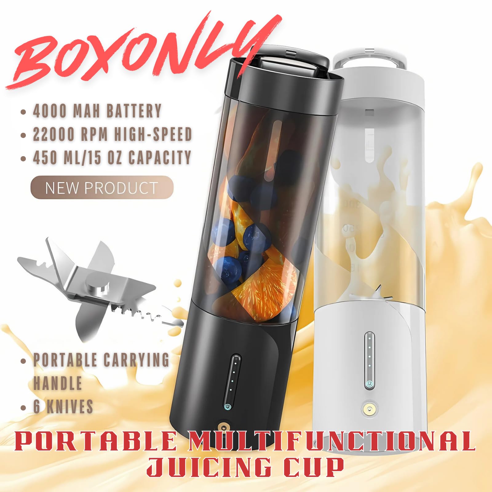 Licuadora portátil, licuadora recargable por USB con 6 cuchillas mejoradas y batería de 4000 mAh, capacidad de 450 ml, ideal para batidos, batidos de proteínas, viajes y oficina (negro)