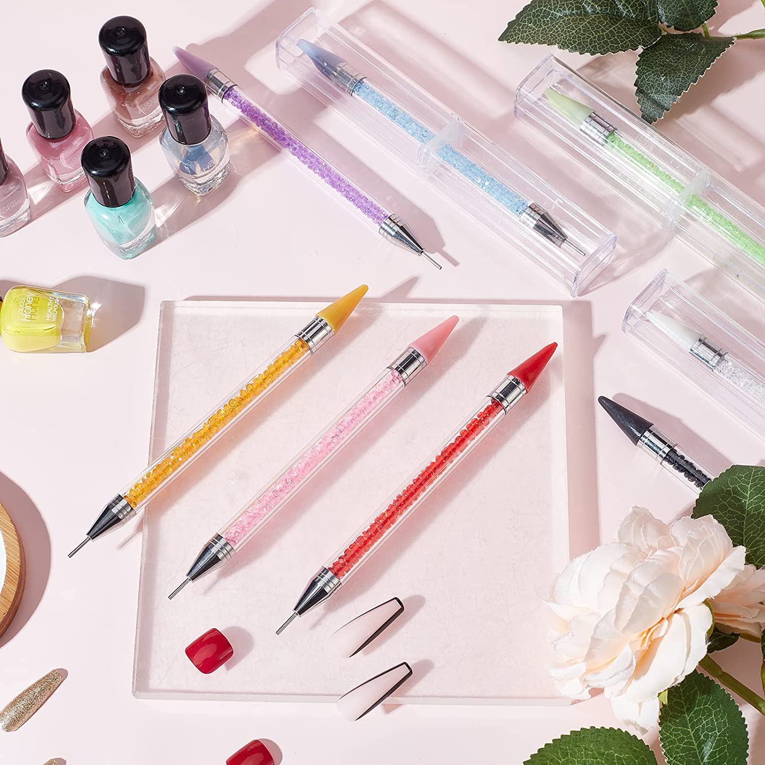 Gleevia Double-head Wax Nail Rhinestone Picker Pencil Diamond Acrylic Handle Self-Adhesive Nail Art Design Dotting Pen Beads Crystal Gem Pick Up Applicator Tool with Storage Case (Black) - Image 8 thumbnail