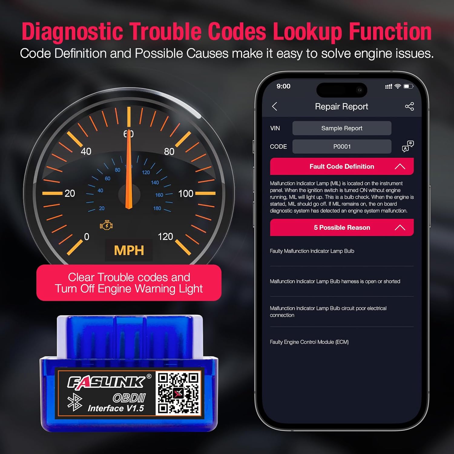 FASLINK OBD2 Scanner displaying a repair report with fault code definition and possible causes, alongside a vehicle dashboard.