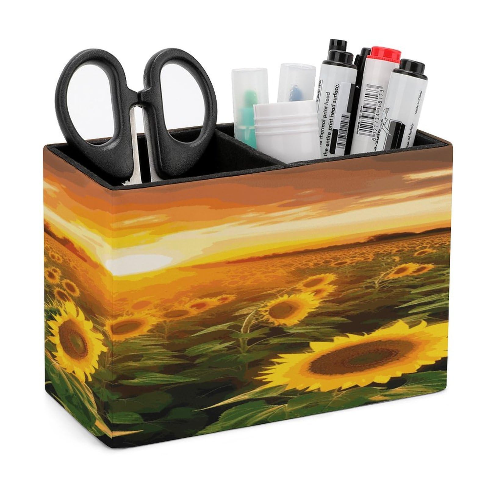 LDGSUPH Sunflower Field Sunset Leather Pen Holder for Desk Organizer Caddy Large Pencil Cup Multi-function Pencil Holder Makeup Brush Holders Pen Organizer for Home Office Storage Box