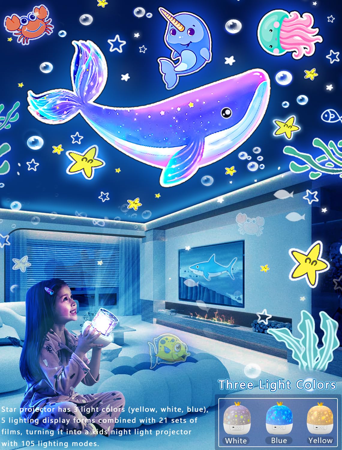 21 juegos de películas, proyector de luz nocturna para dormitorio de niños, techo, proyector de luz nocturna para niños, proyector de galaxia de estrellas con rotación de 360° regulable para niñas