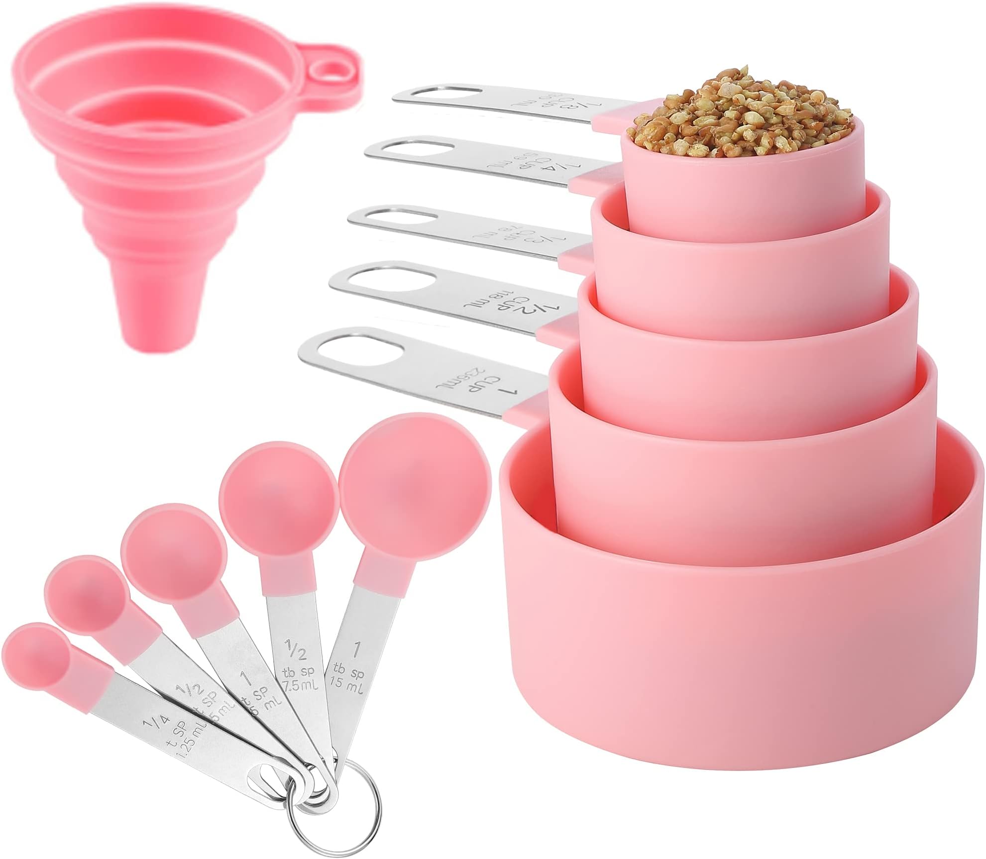 Huygens Measuring Cups and Spoons Set of Kitchen Gadgets 10 Pieces, Stackable Stainless Steel Handle Measuring Cups for Measuring Dry and Liquid Ingredient (Pink)