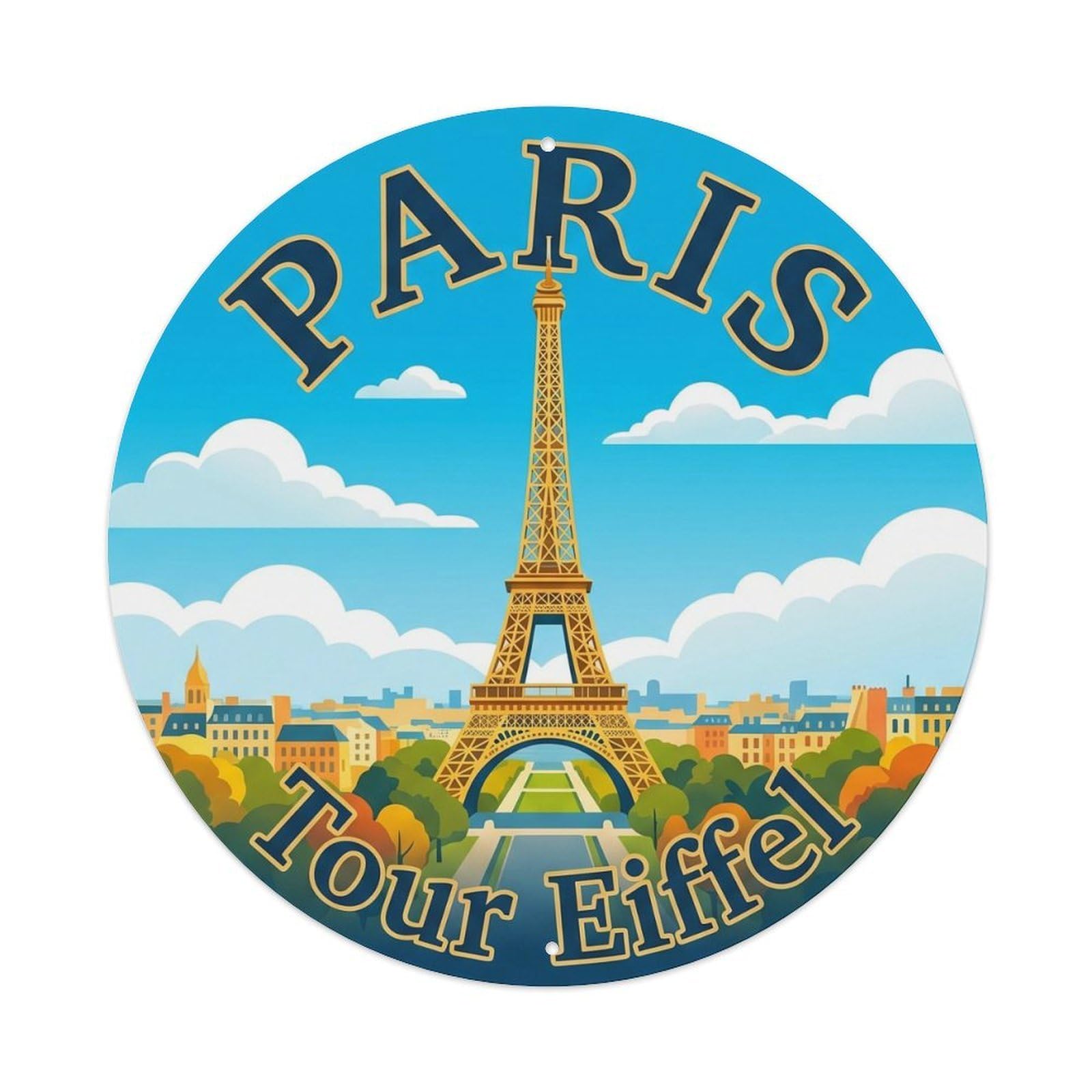 Vintage Travel Eiffel Tower France Metal Tin Sign Plaque Wall Decor for Cafe, Club, Garden Round Metal Poster 8x8Inch
