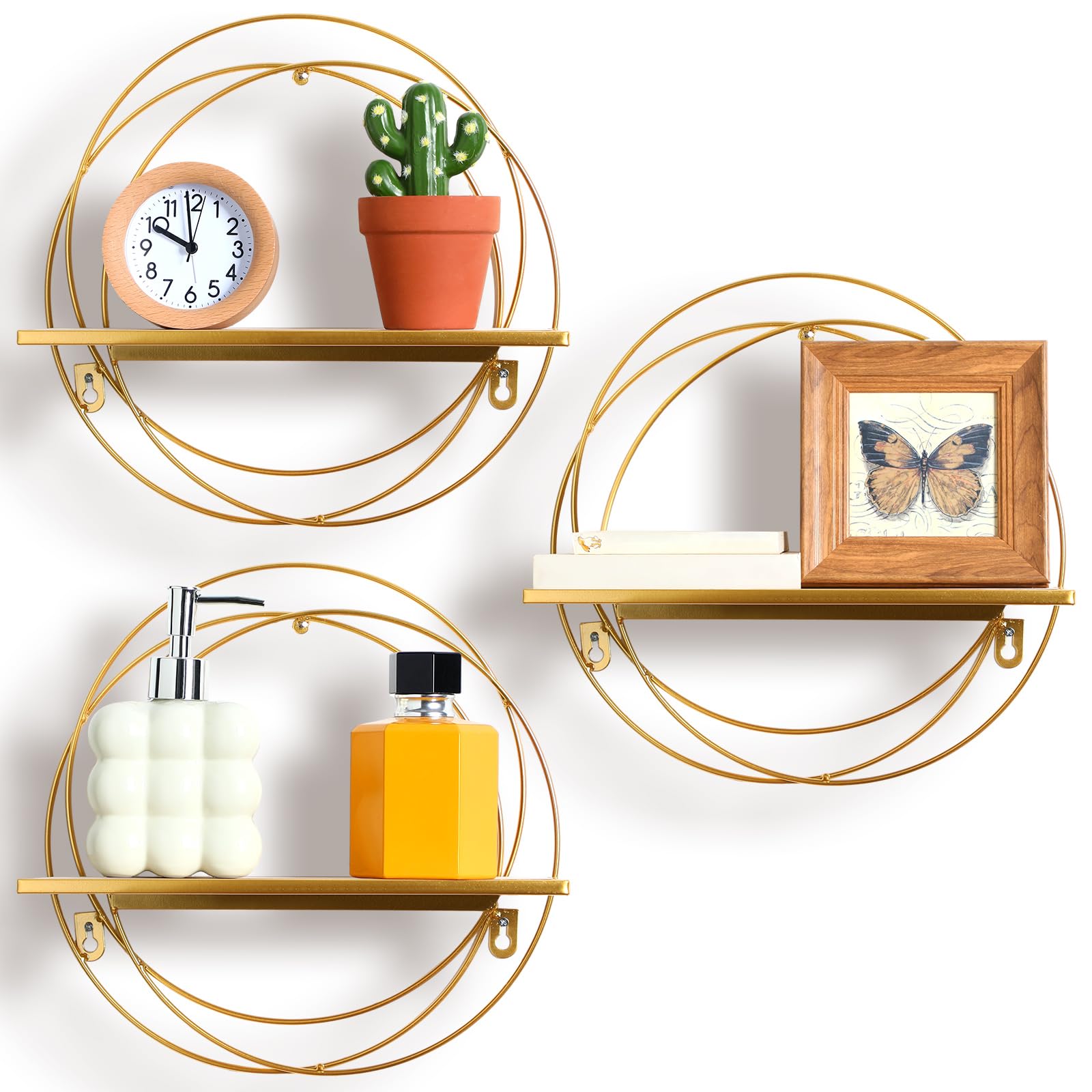 Yaocom 3 Pcs Gold Floating Shelves Wall Mounted Hanging Shelf with Gold Metal Wire and Wood, Foldable Round Shelf Wall Decor for Storage Bedroom