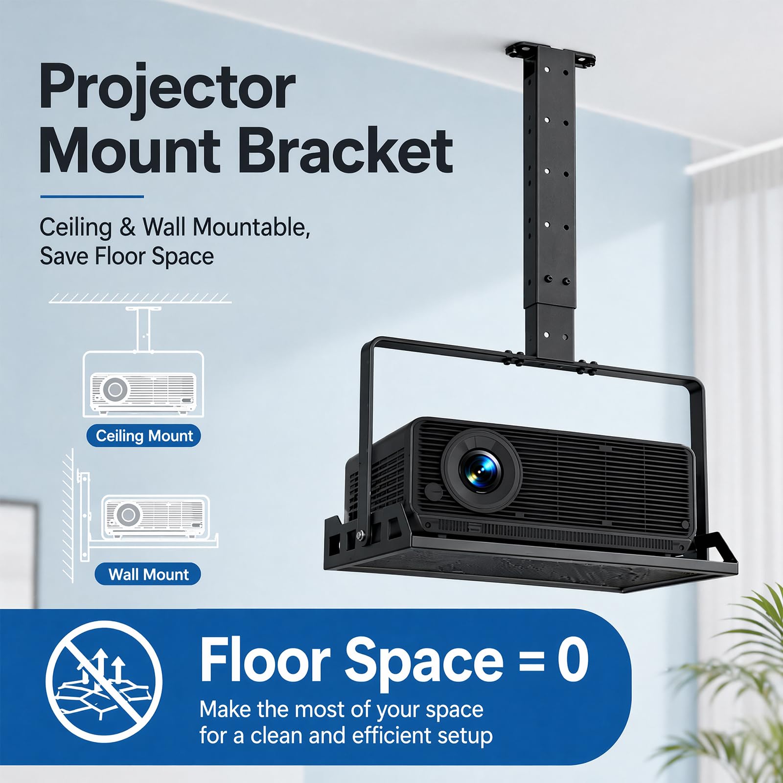 Support de Plafond Vidéoprojecteur Télescopique Réglable 30 à 56cm Noir, Support Universel Charge Max 10kg avec Etagère Ventilée et Guide-Câble Intégré pour Home Cinéma Bureau