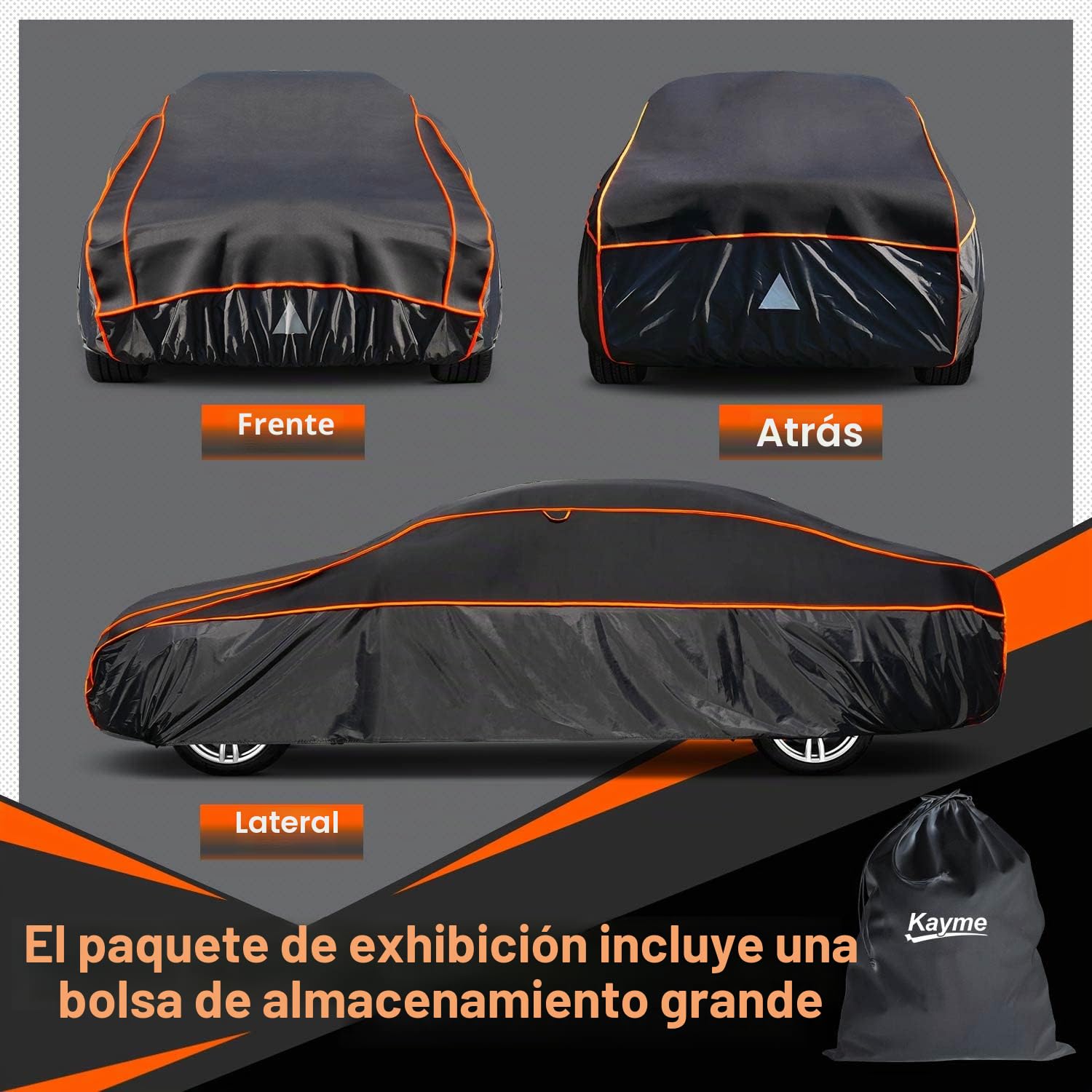 Funda Coche Antigranizo, Kayme Cubre Coches Exterior Impermeable Transpirable Antipolvo Anti-UV, Funda Repelente Cubierta para Coche con Tira Reflectante para Sedán (450 a 475 cm) 3L Negro
