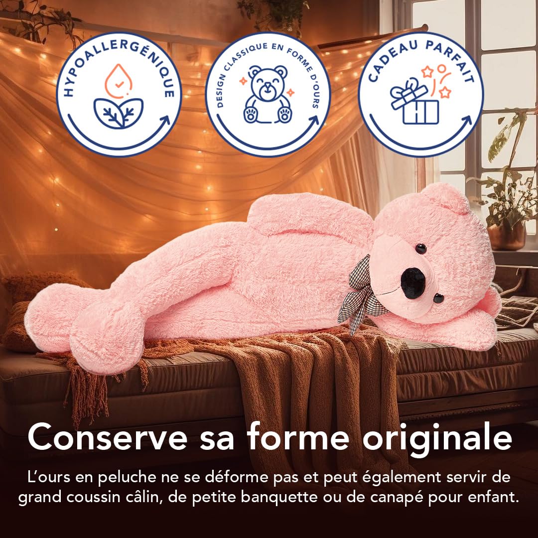 MKS Ours en Rose Peluche 180 cm & Ours Rose XXL - Nounours Géant - Pink Teddy Bear - Doudou Géant - Ours en Peluche Très Grande Taille - Gros Nounours en Peluche