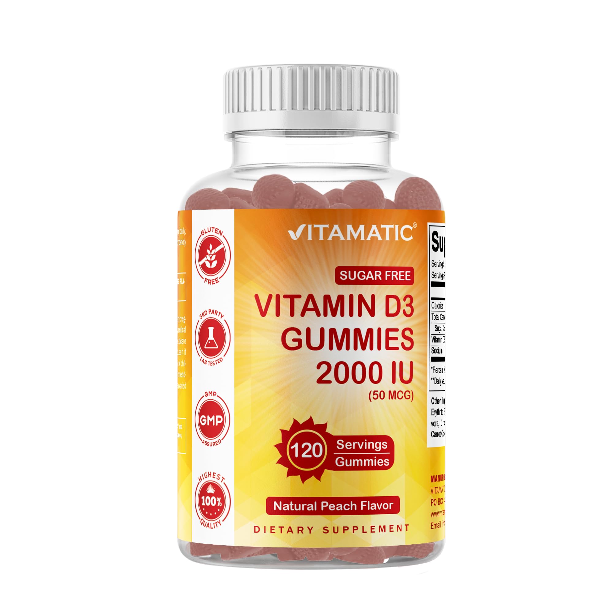 Vitamatic Sugar Free Vitamin D3 10000 IU - 120 Pectin Based Gummies - Great Taste - Healthy Bones, Mood & Immune System Function - Non-GMO - 120 Servings — Amazon image 10