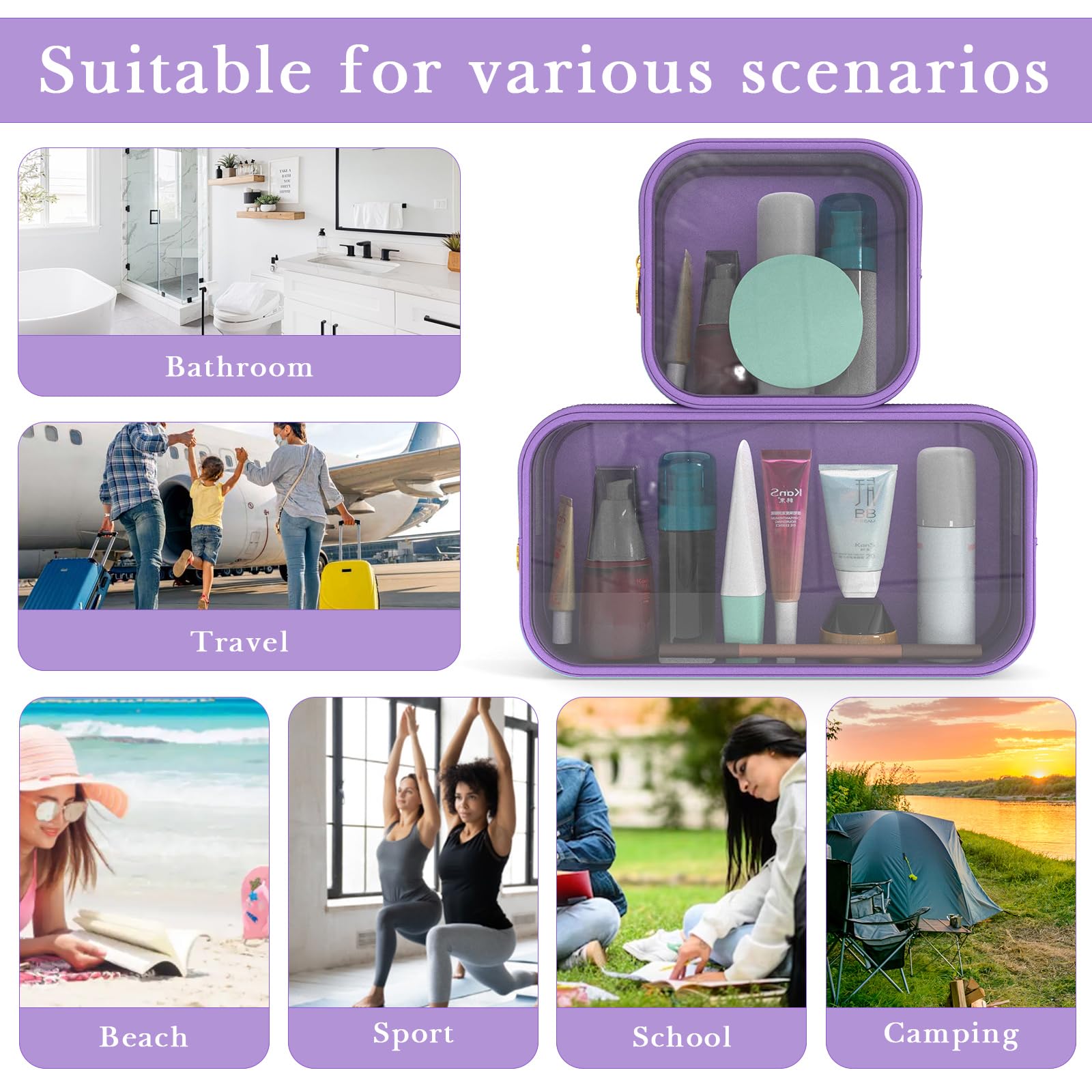 Adorila Clear Makeup Bag Set of 2, TSA Approved Waterproof Travel Cosmetic Bag, PVC Nylon Portable Makeup Organizer Bags for Women (Purple), Purple - Image 4