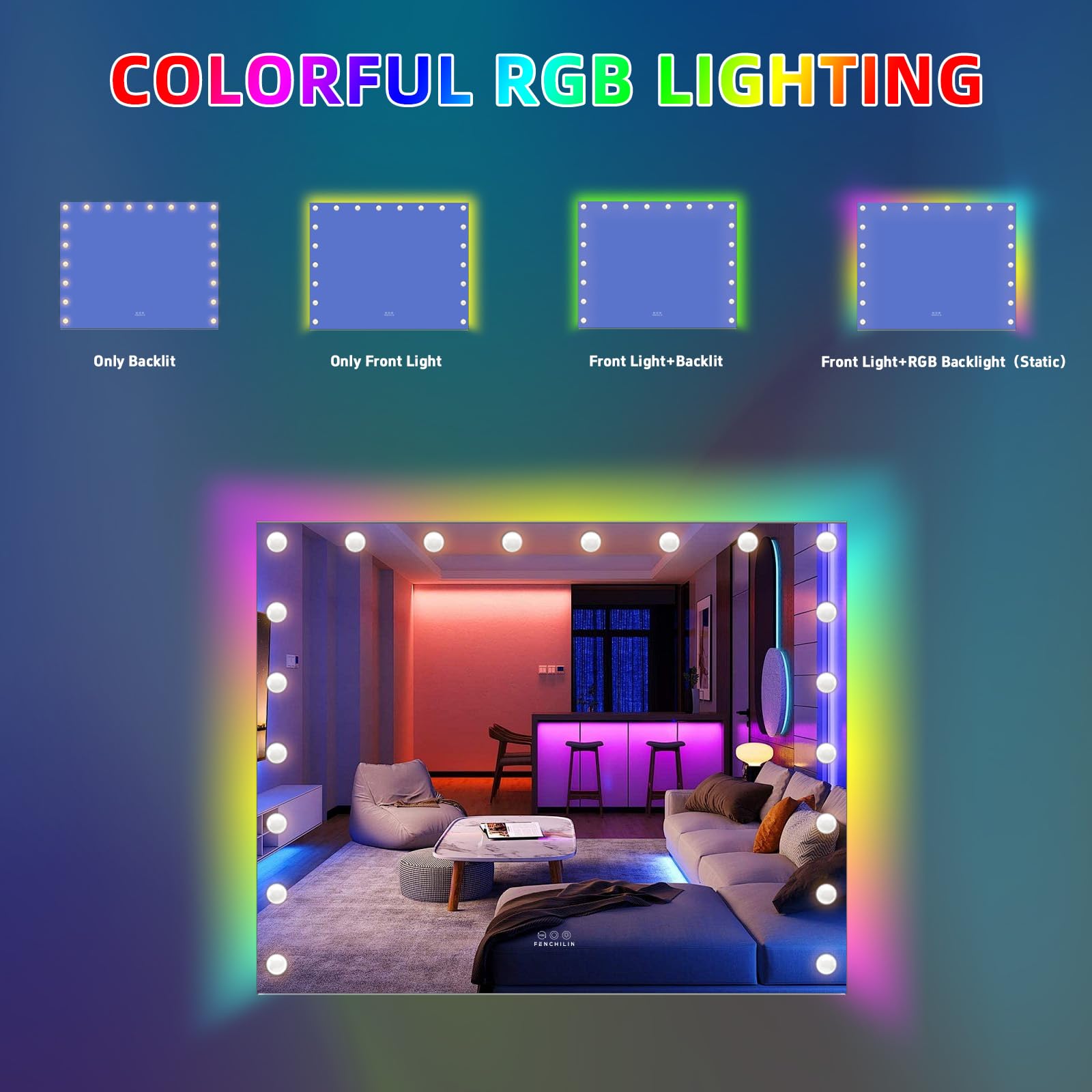 FENCHILIN Hollywood Espejo con iluminación y retroiluminación RGB, espejo de maquillaje con iluminación, 20 bombillas LED regulables, espejo grande con luz de cristal templado blanco, 100 x 80 cm