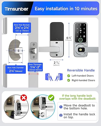 Miniatura 8 de Cerradura de puerta de huellas dactilares con asa, cerradura de puerta de entrada sin llave con teclado y timbre, cerraduras biométricas