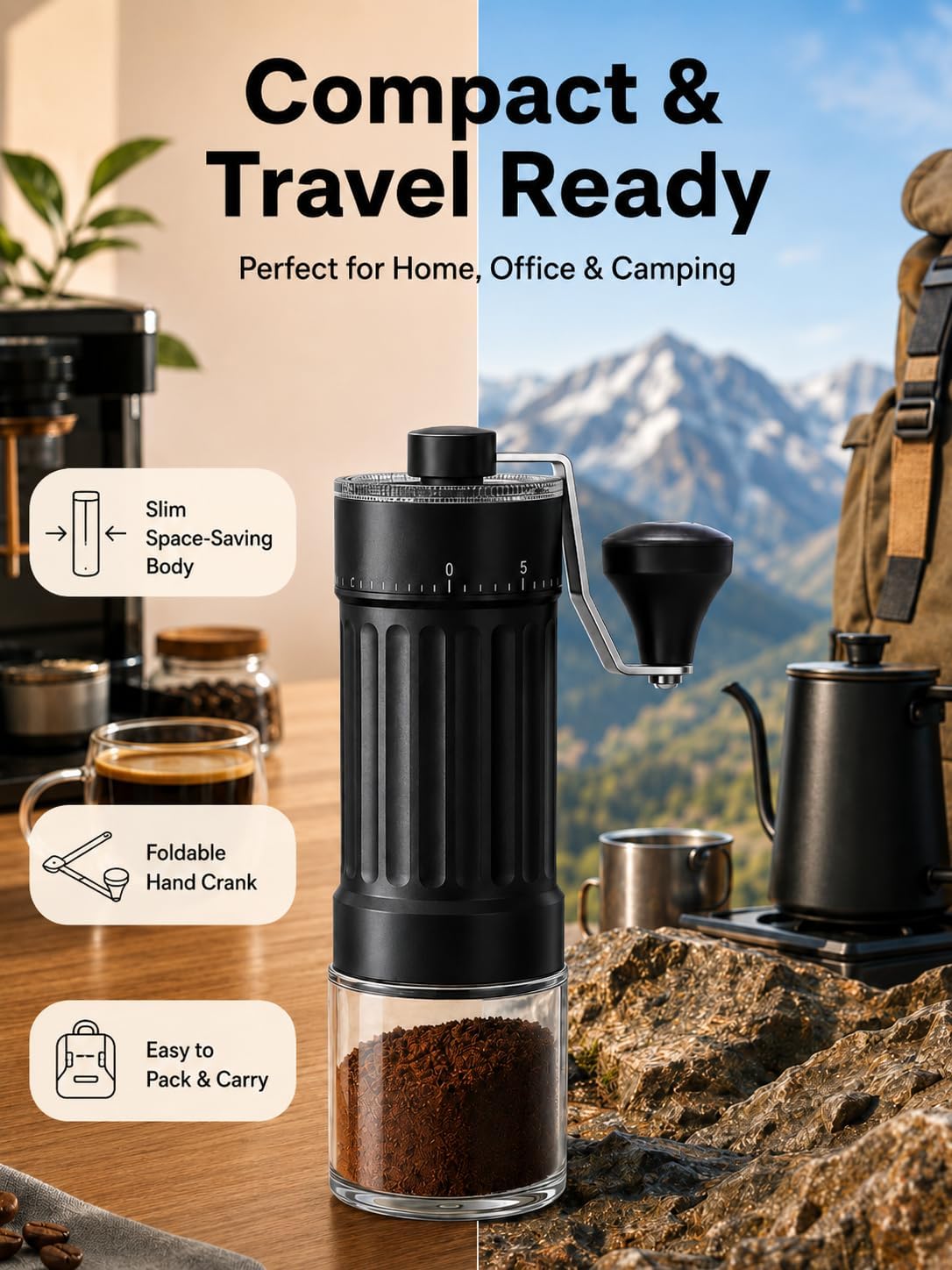 Manual Burr Coffee Grinder, Portable Hand Crank Grinder with Ceramic Burr, 40 Adjustable Settings for Espresso, V60, Pour Over, Camping & Travel