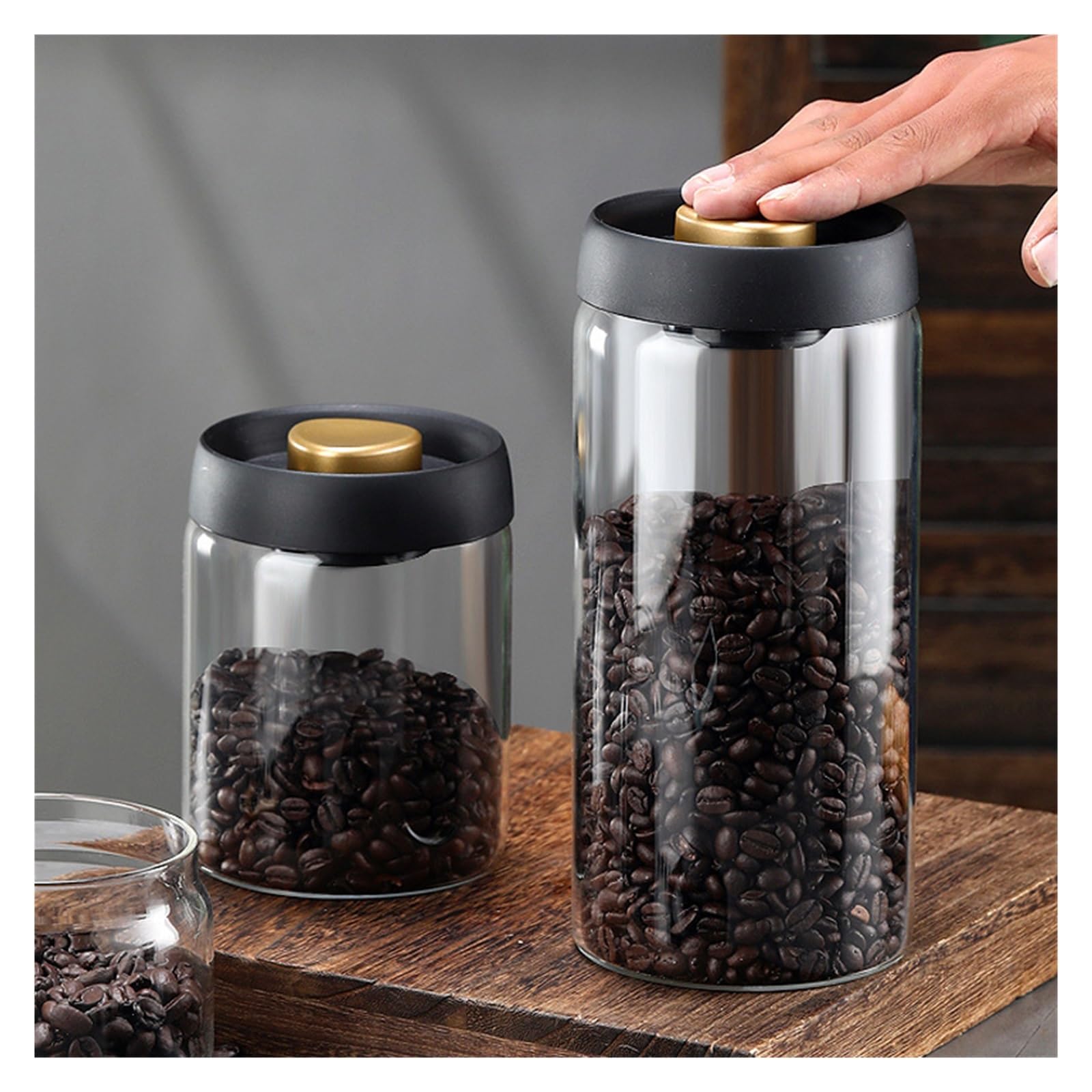 Vakuum Glasbehälter, luftdichte Kaffebohnen Dose | Borosilikatglas, transparent, 500ml 900ml 1200ml 1800ml, 1 Stück(Glod 1 -900ml)