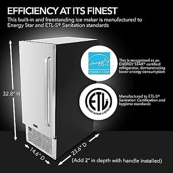 Whynter built-in Ice Maker Machine 15 Inch Wide Stainless Steel UIM-502SS Under-Counter 80 Lb/Day with NSF Inline Water Filter