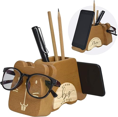 Im - Soporte de madera maciza multiusos para lentes teléfono bolígrafo y lápiz organizador de escritorio accesorios decorativos de papelería súper