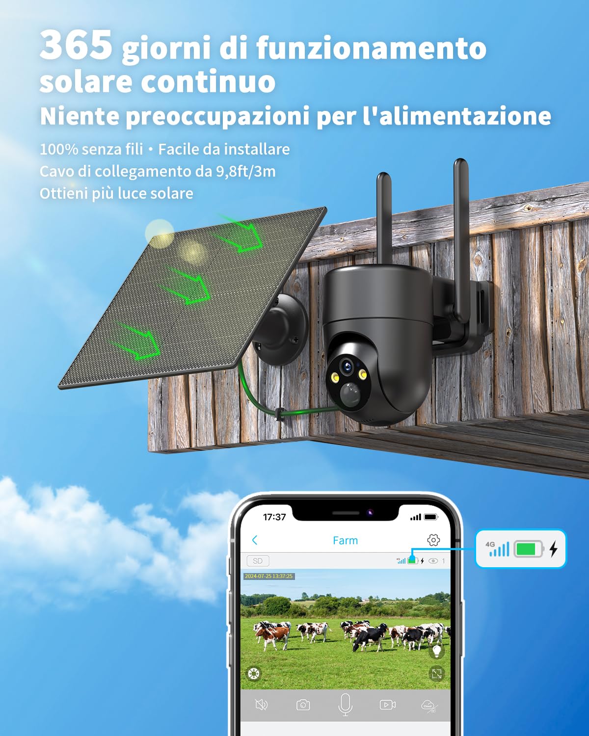 SEHMUA 4G LTE Telecamera Esterno senza Fili, 2K Solare con Sim | 360 PTZ Videocamera Sorveglianza senza wifi con Pannello Solare e Batterie, Visione Notturna, PIR Rilevamento, IP66