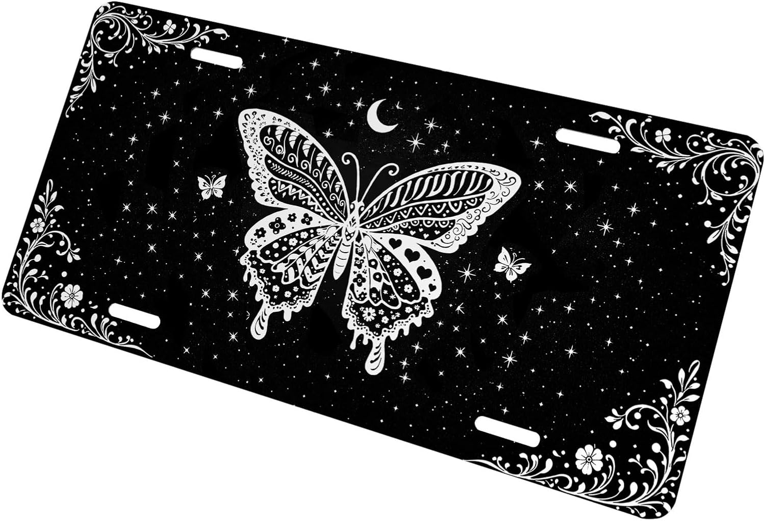 Butterfly Front License Plate for Women Gothic Black White Celestial Moon Stars Car Vanity Plates Decorative Aluminum Metal Cute Novelty License Plate for Men 6x12 Inch (4 Holes)