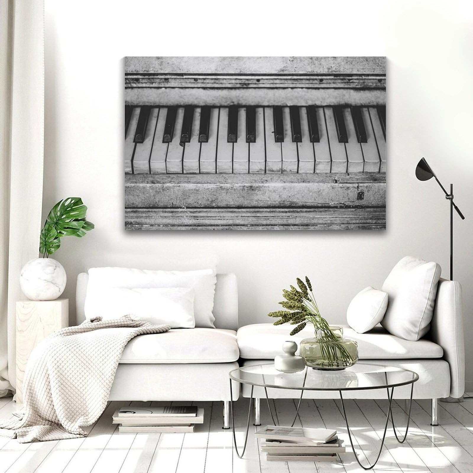 Póster retro de piano antiguo en blanco y negro con teclas en lienzo, decoración de pared, impresiones artísticas en obras de arte modernas para sala de estar, baño, dormitorio, hogar, 60 x 90 cm