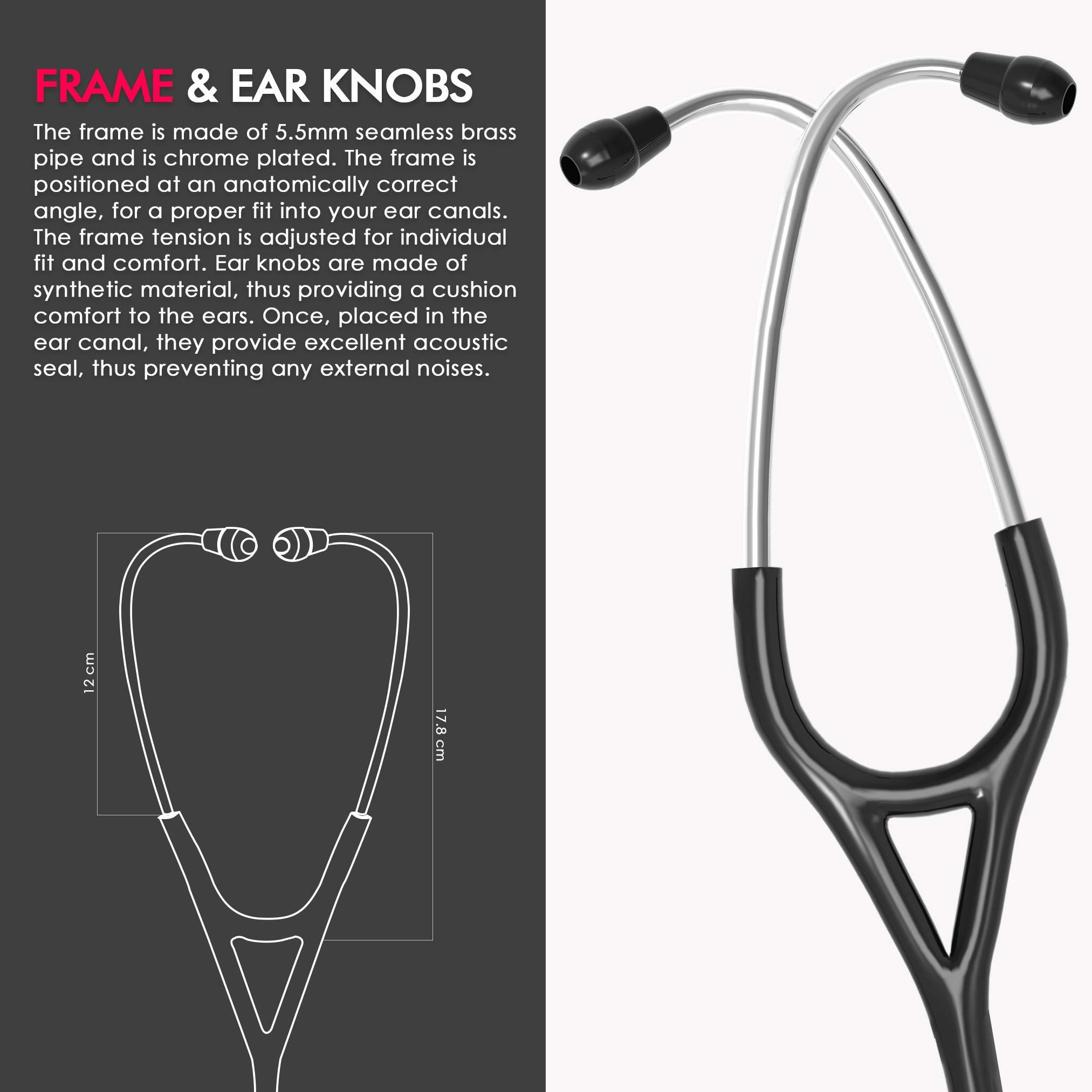 ELKO EL-060 CARDIO III SS Stainless Steel Acoustic Stethoscope | Two-Way PVC Tubing | Double Sided Chestpiece For Adult & Pediatric Patient | Doctors & Medical Students (Black) - Image 4 thumbnail