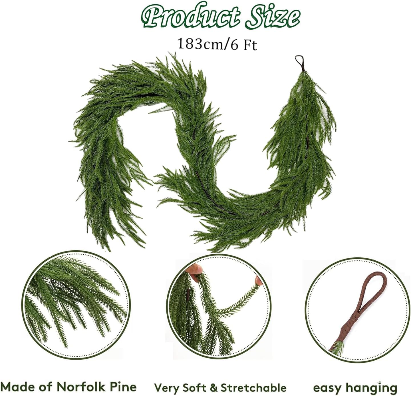 6 Ft Christmas Garlands Artificial Norfolk Pine Garland, Real Touch Green Faux Greenery Garland for Table, Mantle, Wall, Indoor, Outdoor Winter Christmas Decorations - Image 2
