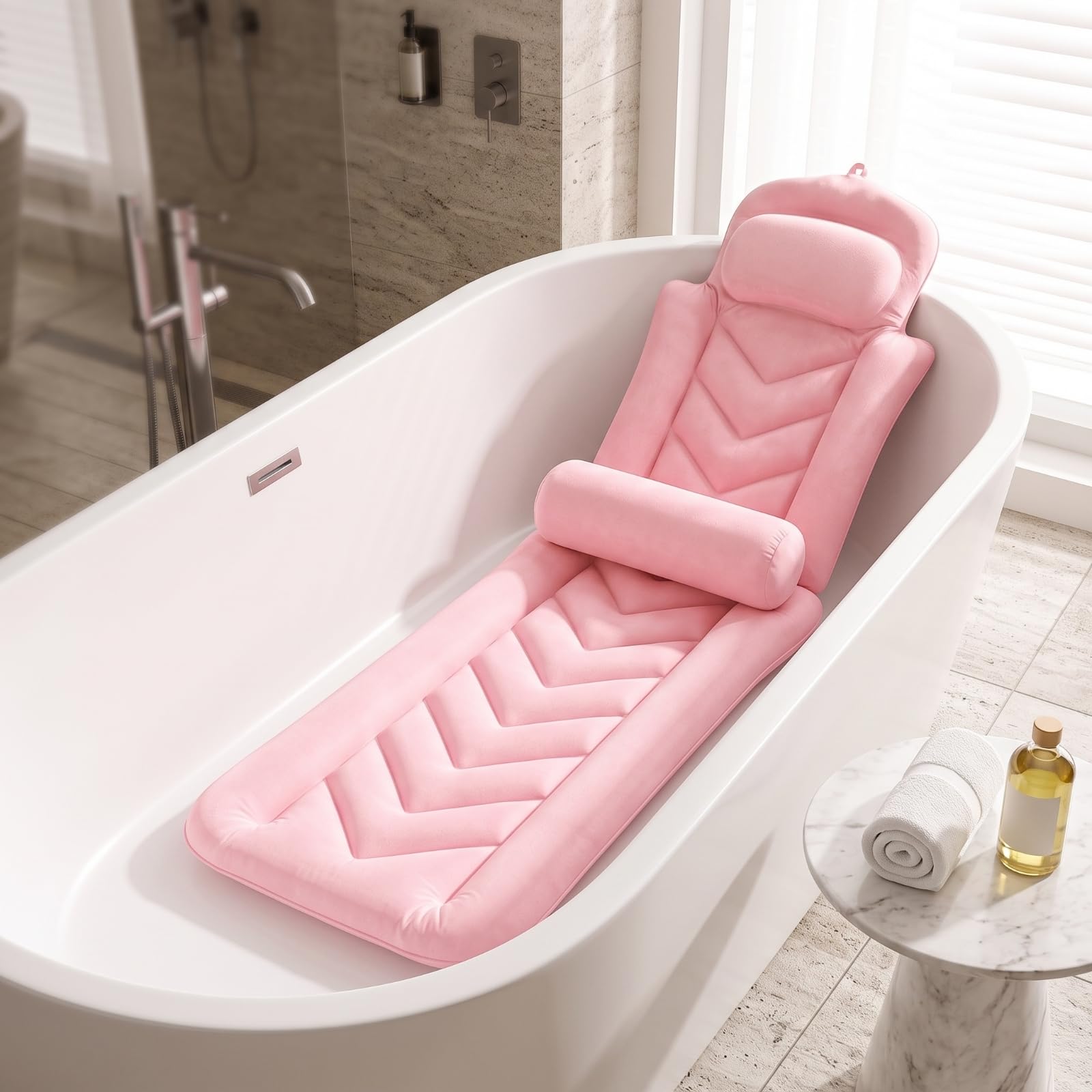 Oreiller Bain Ergonomique Confortable, Blanc Extensible sur Quatre Côtés avec Soutien Lombaire