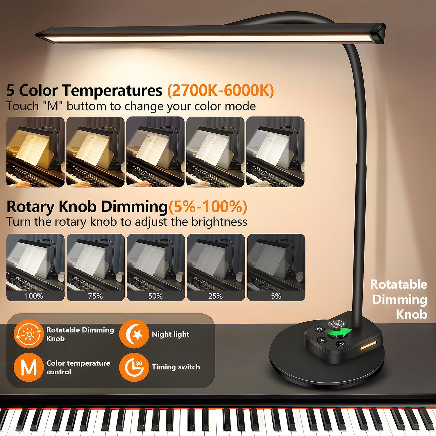 Luz de piano, lámpara LED regulable con 5 modos de luz, puerto de carga USB, temporizador de apagado automático, diseño de cuello de cisne ajustable para pianos grandes y verticales