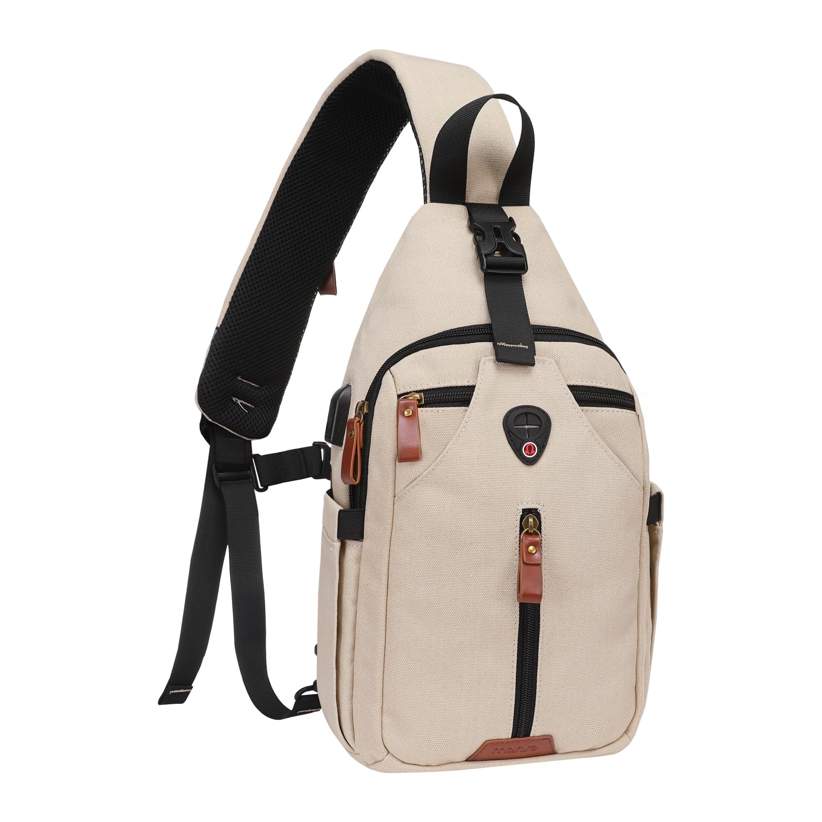 MOSISO Sling Backpack Travel Hiking Daypack, Vintage Canvas Crossbody Sling Chest Bag with USB Charging Port&Removable Strap