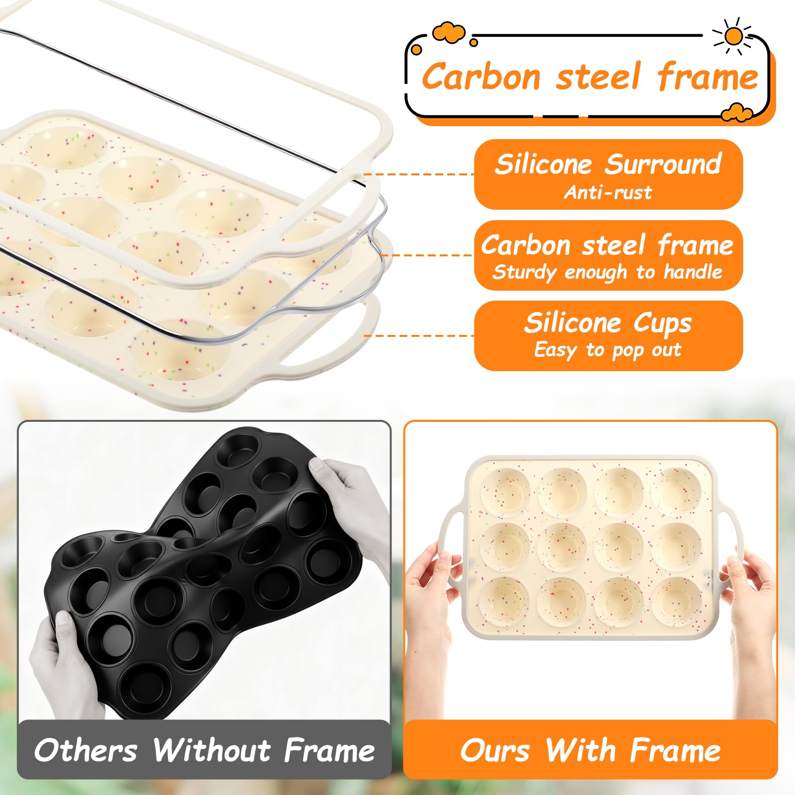 Juego de 4 moldes de silicona para hornear, mini moldes para hornear con marco reforzado de metal, pan antiadherente, mini magdalenas, moldes redondos, moldes para hornear cupcakes para horno
