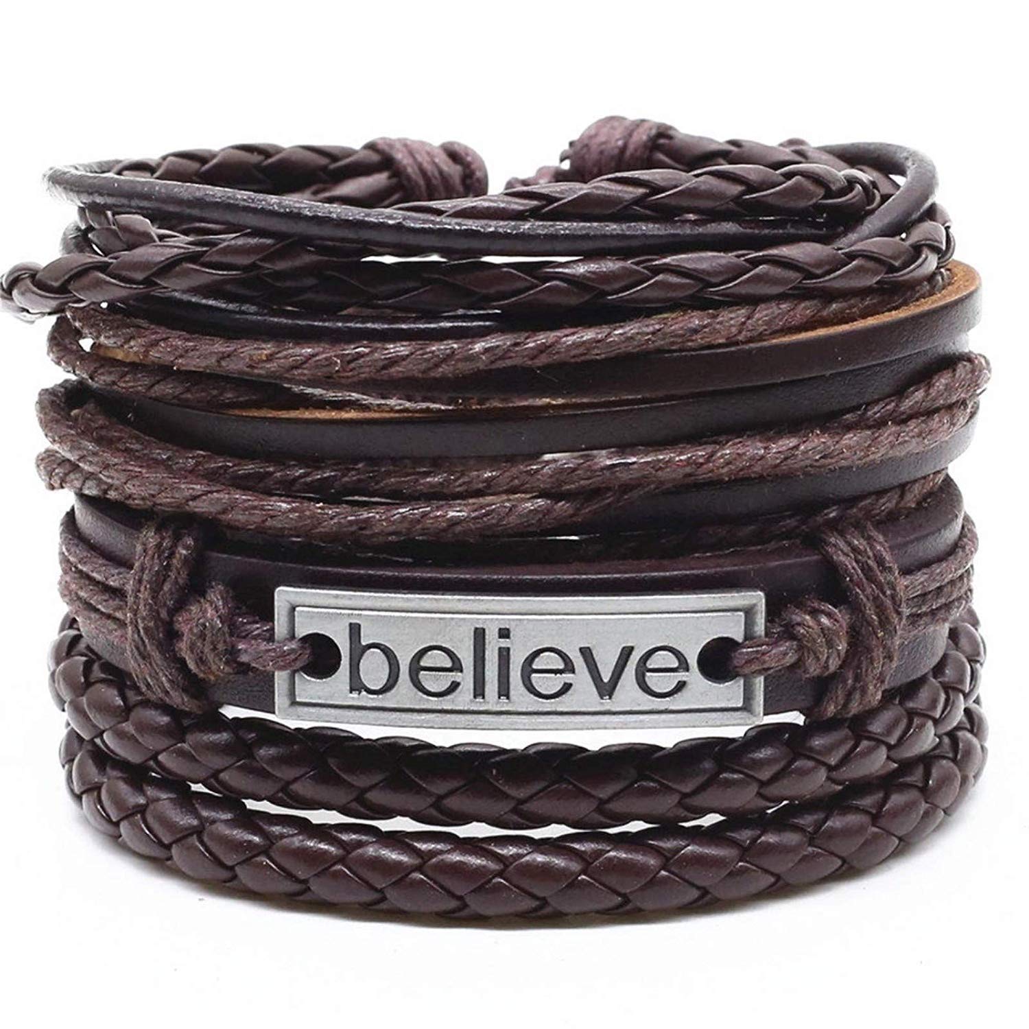 University Trendz Stylish PU Leather Believe Engarved Handcrafted Charm Wrist Band Multi Strand Bracelet for Men and Boys (Set of 4) (B08RB1BXV6) Amazon Price History, Amazon Price Tracker