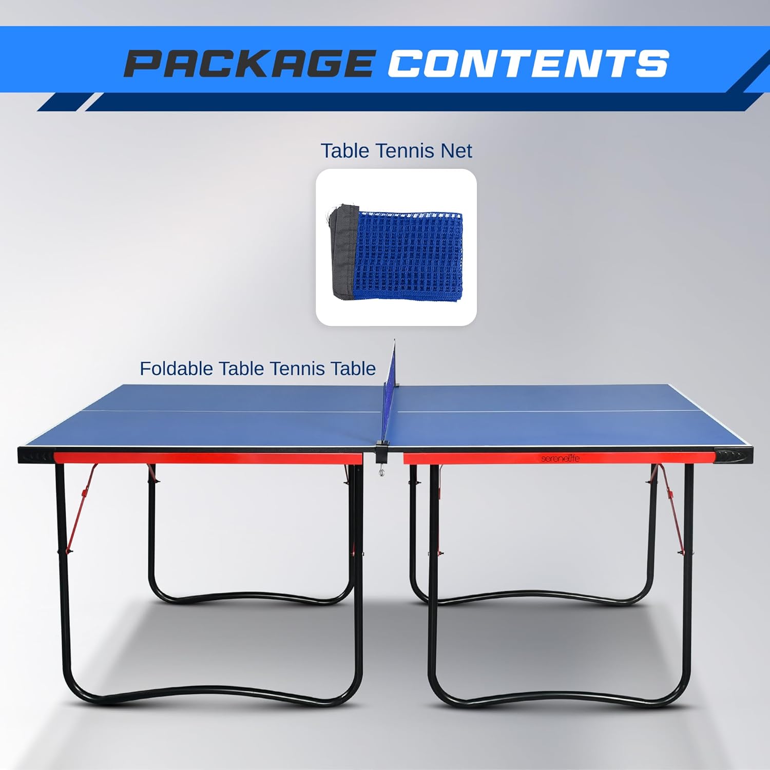 SereneLife Midsize Portable Ping Pong Table Set with Net, Clipper, Post - 6’ x 3’ Foldable Space-Saving Design, Blue