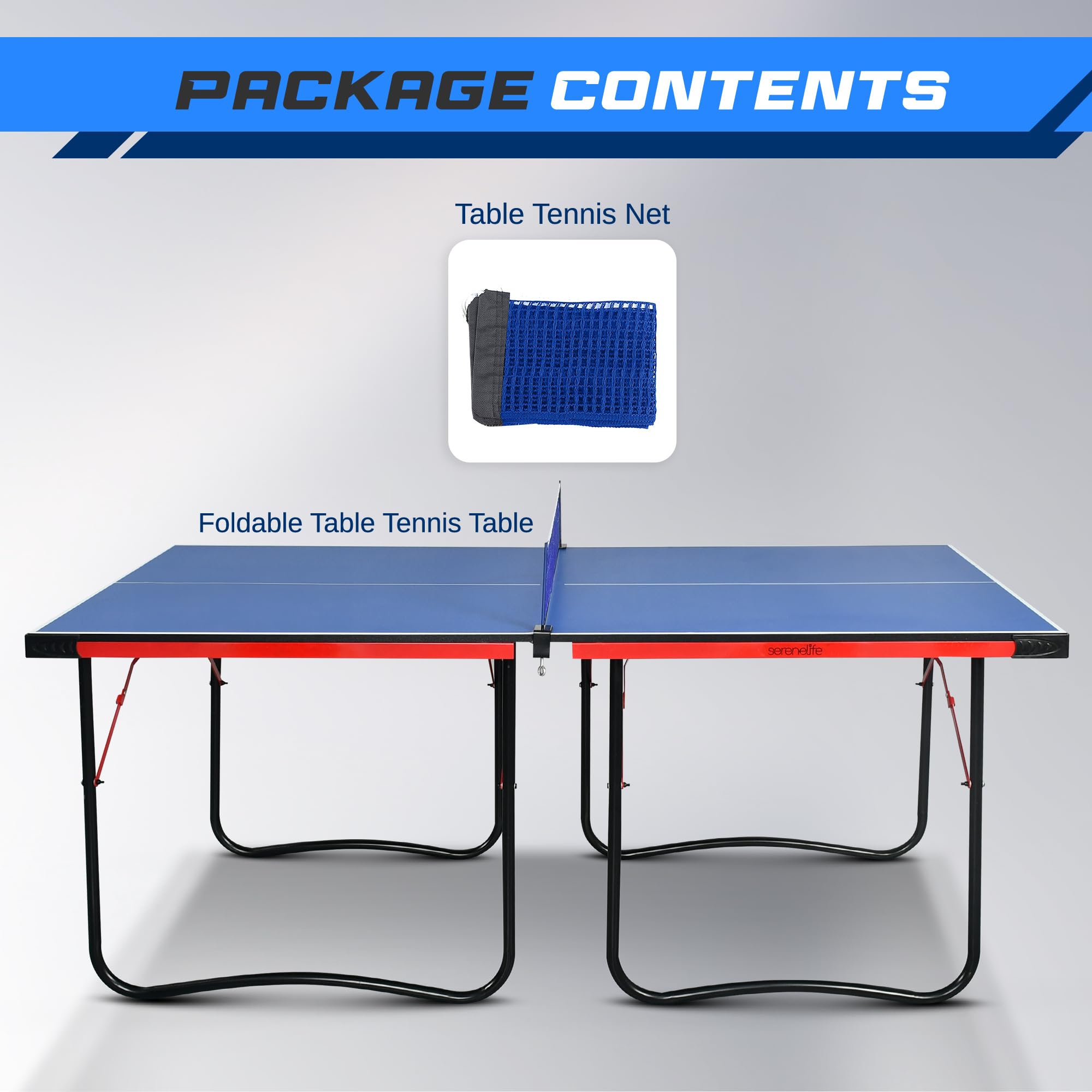 SereneLife Midsize Portable Ping Pong Table Set with Net, Clipper, Post - 6' x 3' Składany Space-Saving Design, Niebieski