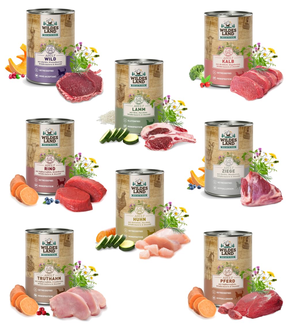 Wildes Land Classic Hundefutter 20 x 400g Mix | garantierter 6 Sorten Mix | Getreide- und Glutenfreies Nassfutter für Hunde | mit Extra viel Fleisch und wertvollen Kräutern