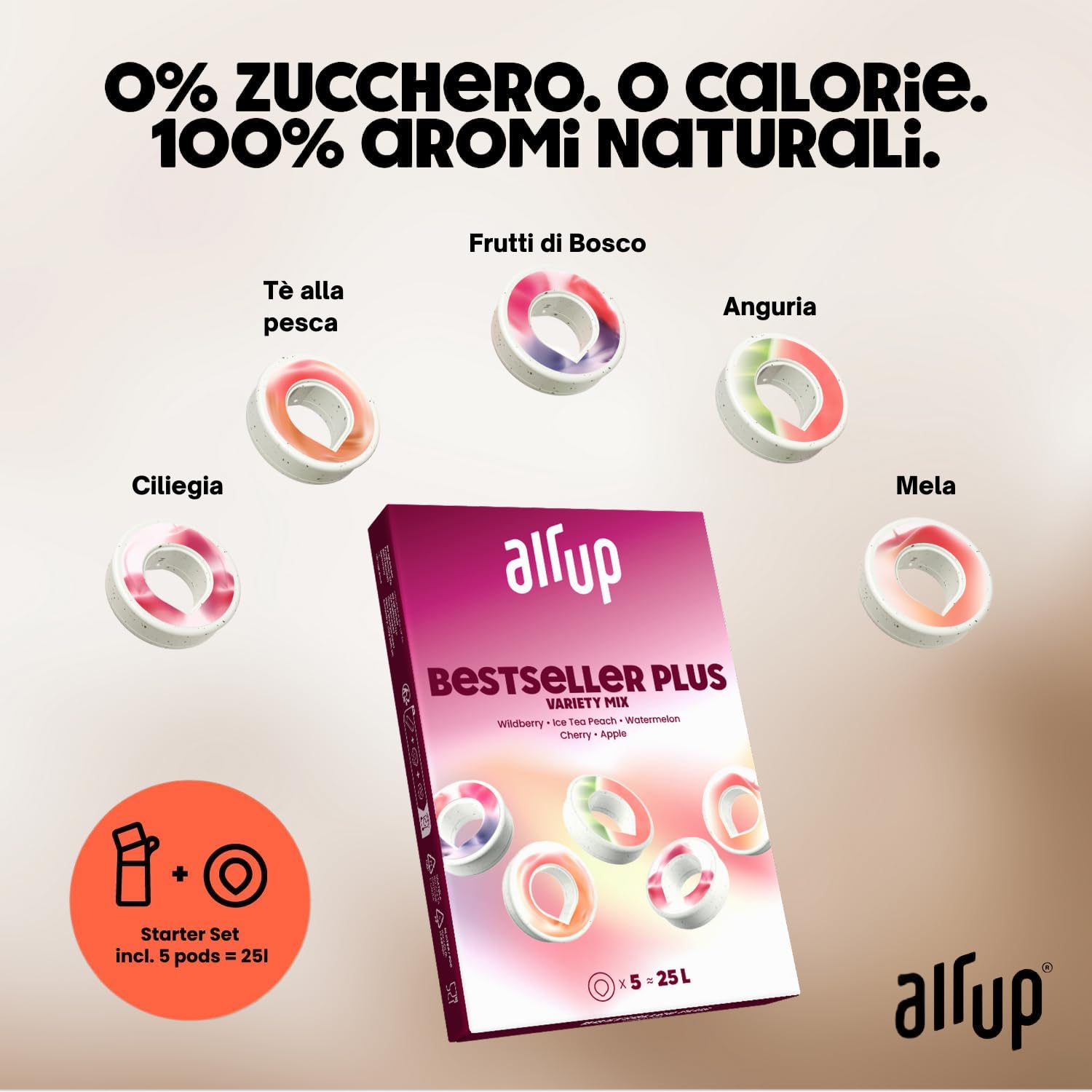 AIR UP Borraccia Twist Pro originale starter pack con cialde 5 gusti I Borraccia da 600ml con aromi senza zucchero I lavabile in lavastoviglie, senza BPA I in grigio